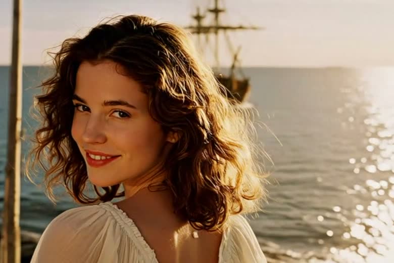 A frame from an AI-generated video made from a single still photo of a woman by the sea