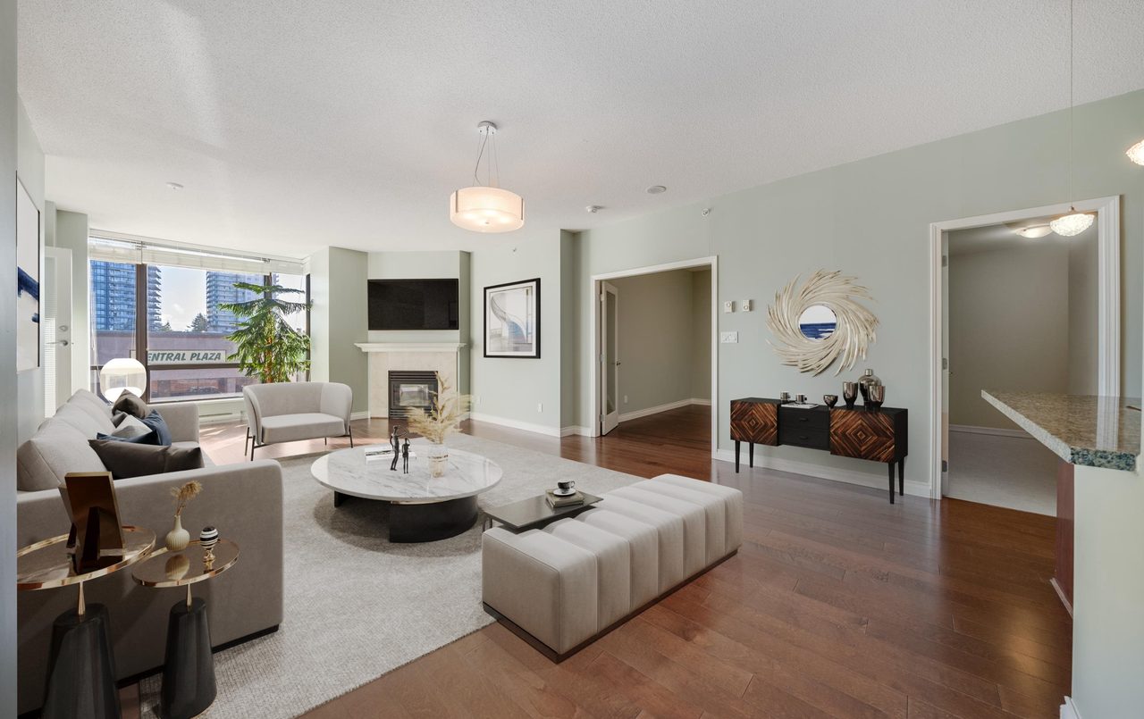 The same living room virtually staged with sofas, a rug, a coffee table and artwork