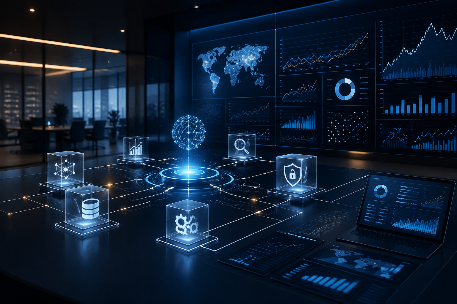 Abstract enterprise AI command center with secure data workflows and financial analytics