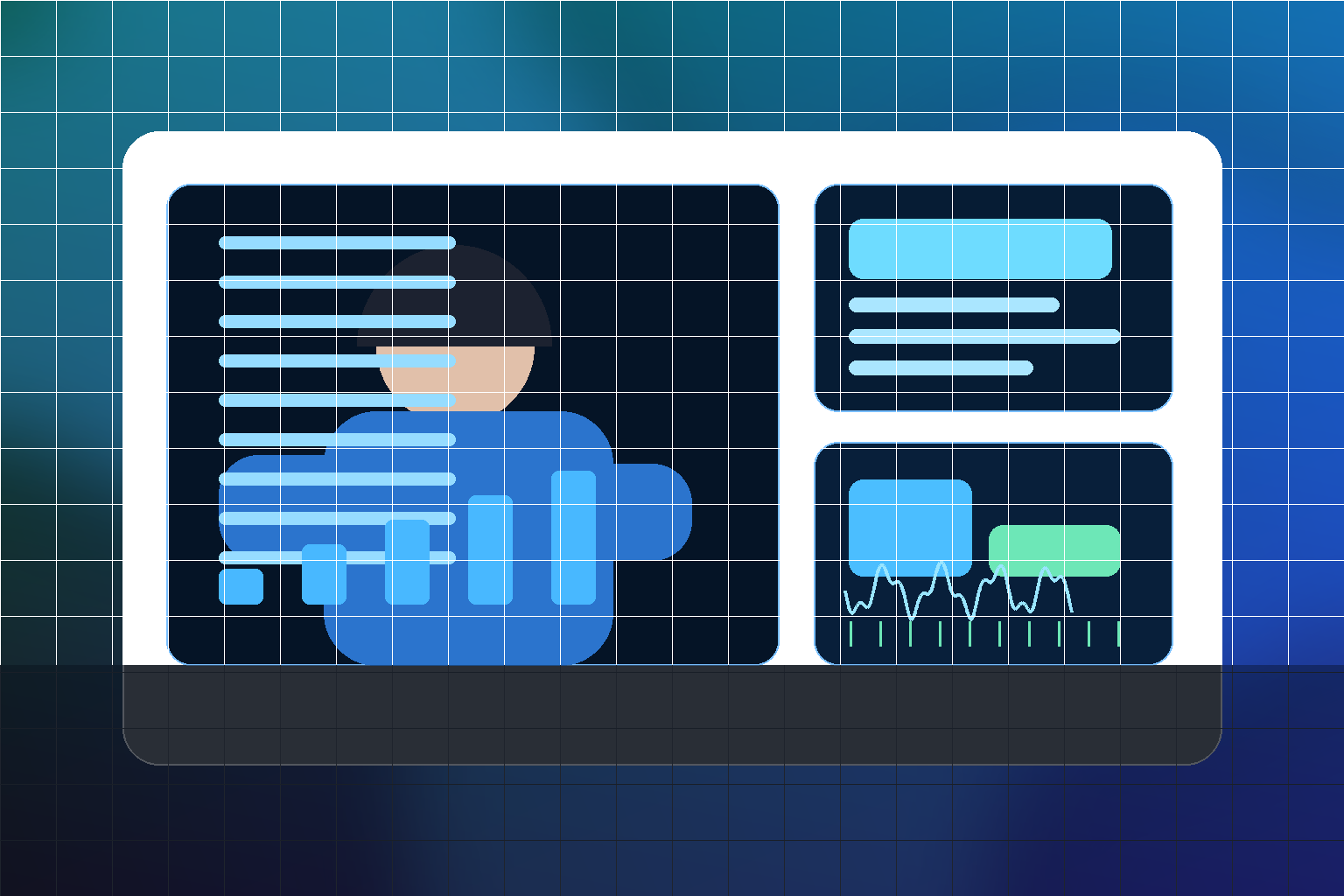 Life insurance claims specialist with AI-assisted knowledge panels, secure workflow summaries, and a calm blue operations backdrop