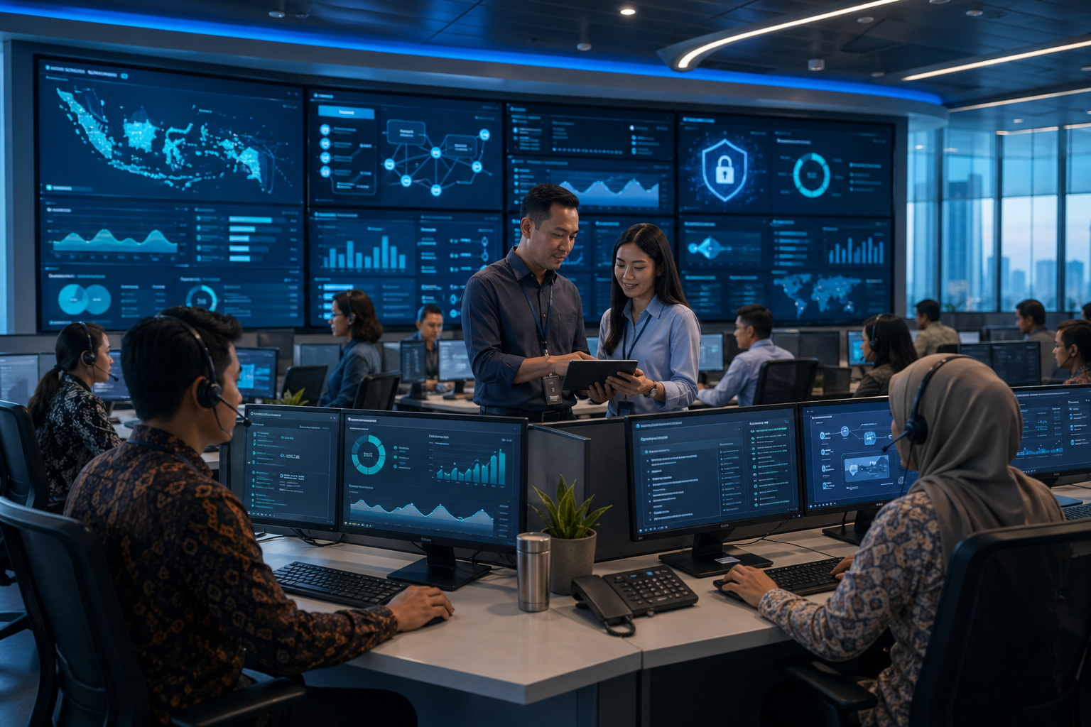 Fintech operations team in a blue-lit support center using AI dashboards for customer service and secure payment monitoring