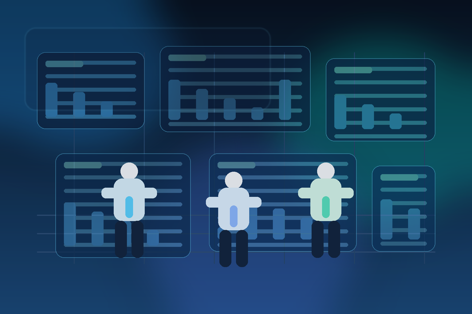 Enterprise HR and sales teams working in a bright operations hub with AI copilots, workflow dashboards, and coordinated knowledge panels