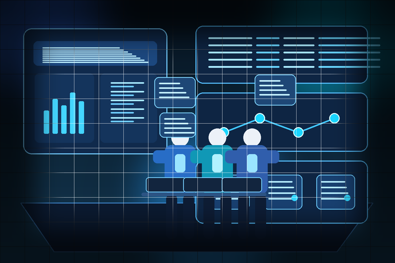 Software engineering teams collaborating with AI-assisted code reviews, testing dashboards, and modernization workflows inside a modern blue enterprise studio