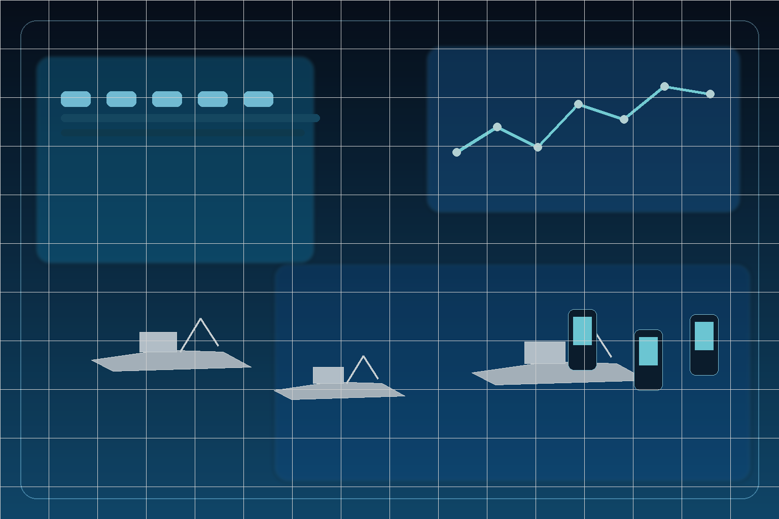 Modern aluminum boat manufacturing floor with AI-driven logistics dashboards, supply chain planning screens, and operations managers coordinating production in a blue industrial control hub