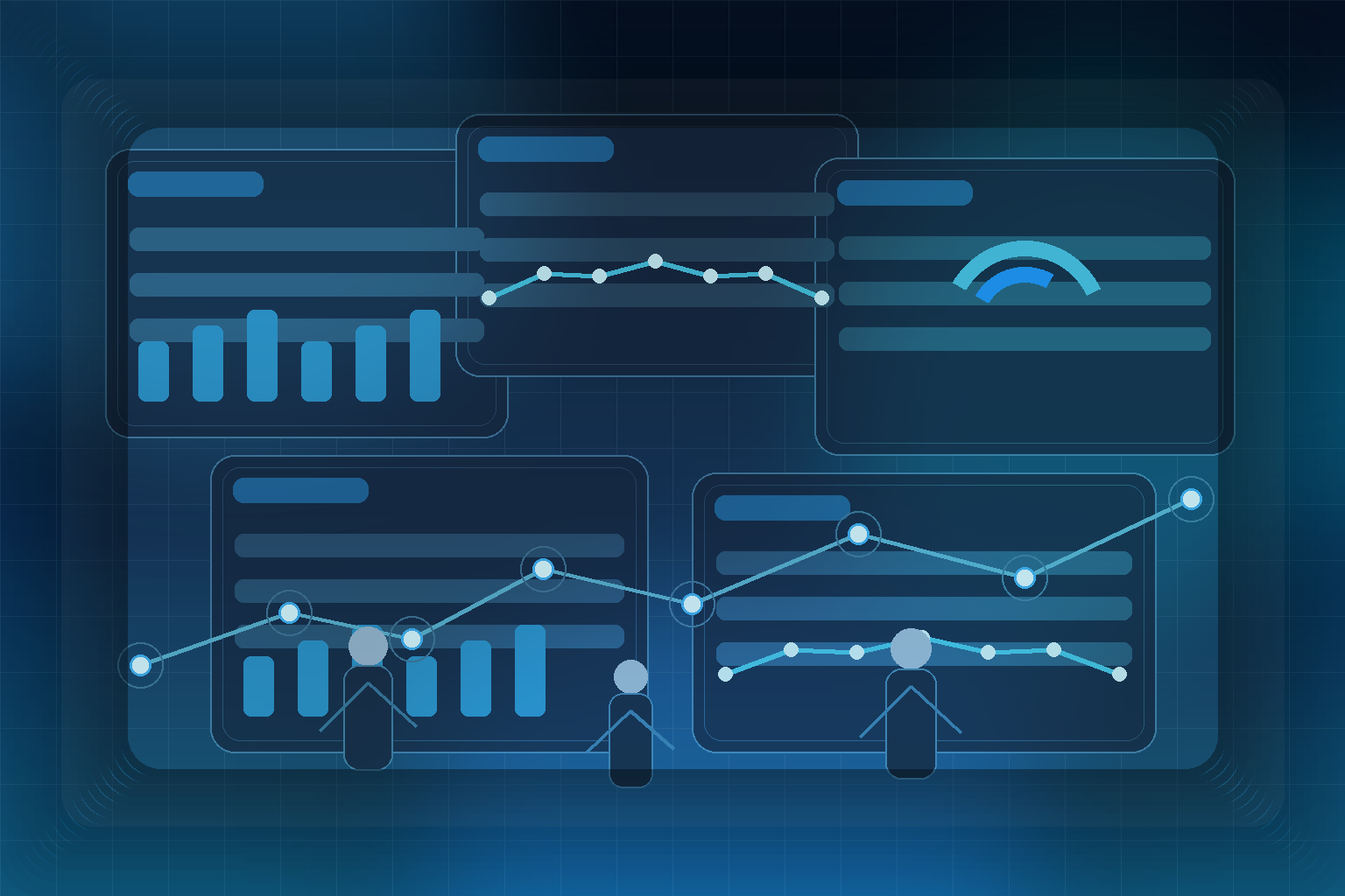 Healthcare operations team coordinating AI-driven mobile diagnostics scheduling, routing dashboards, and patient service workflows in a modern blue control center