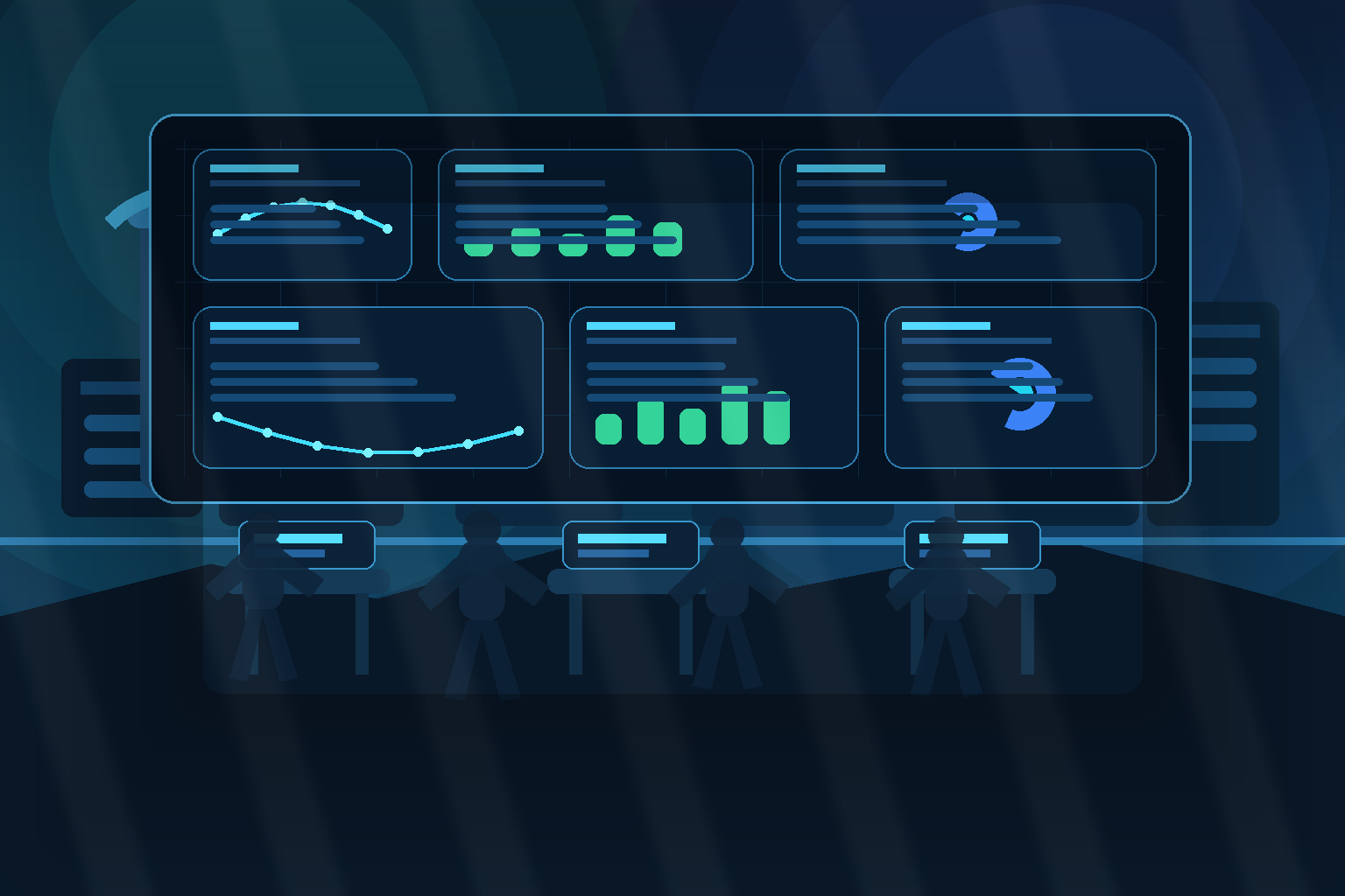 Manufacturing leaders reviewing AI-driven process dashboards, procurement analytics, and global operations data in a modern blue industrial control room