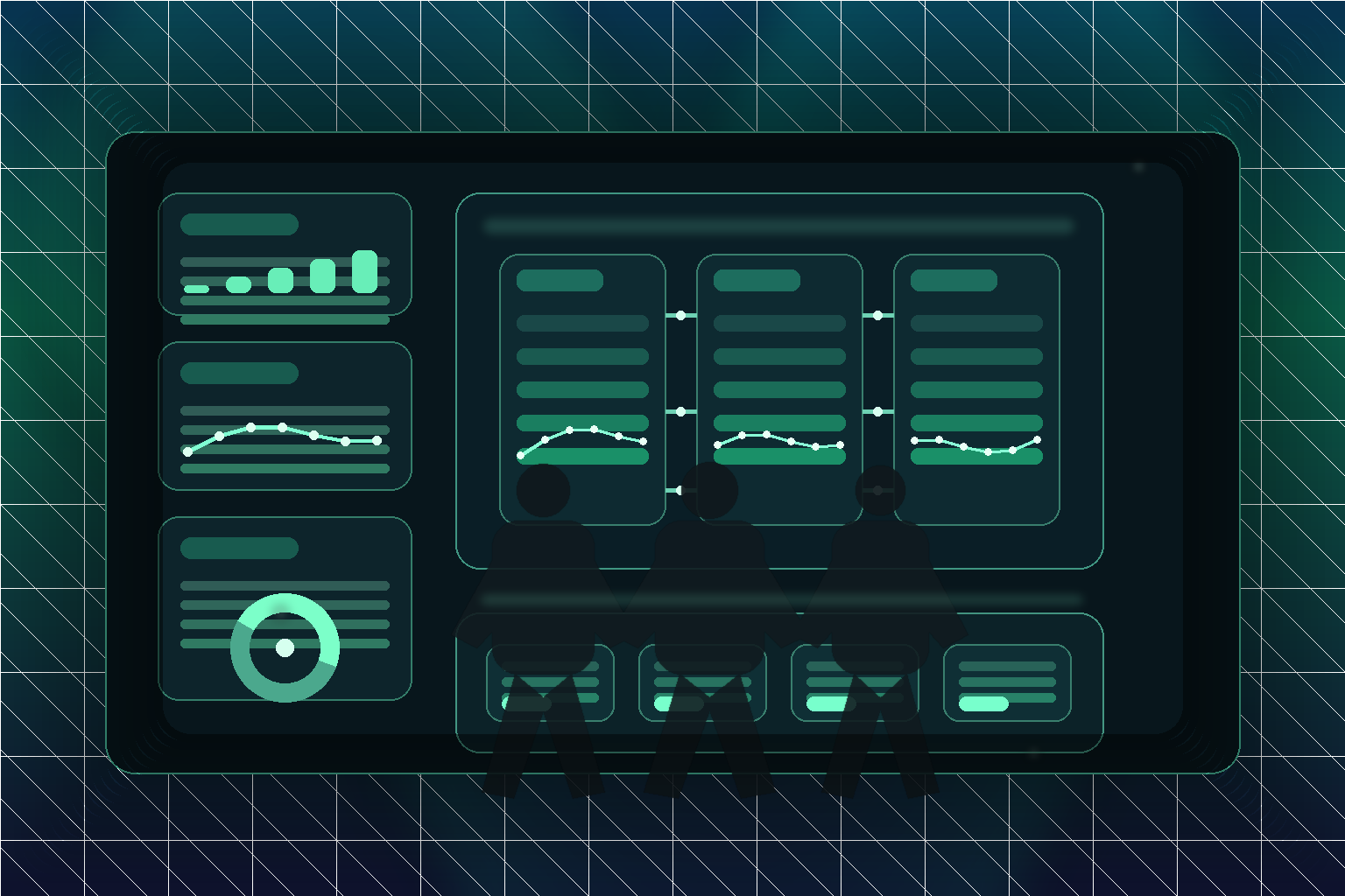 Banking leaders and AI operations teams reviewing governed agent workflows, customer service analytics, and risk-controlled automation dashboards in a premium green enterprise command center