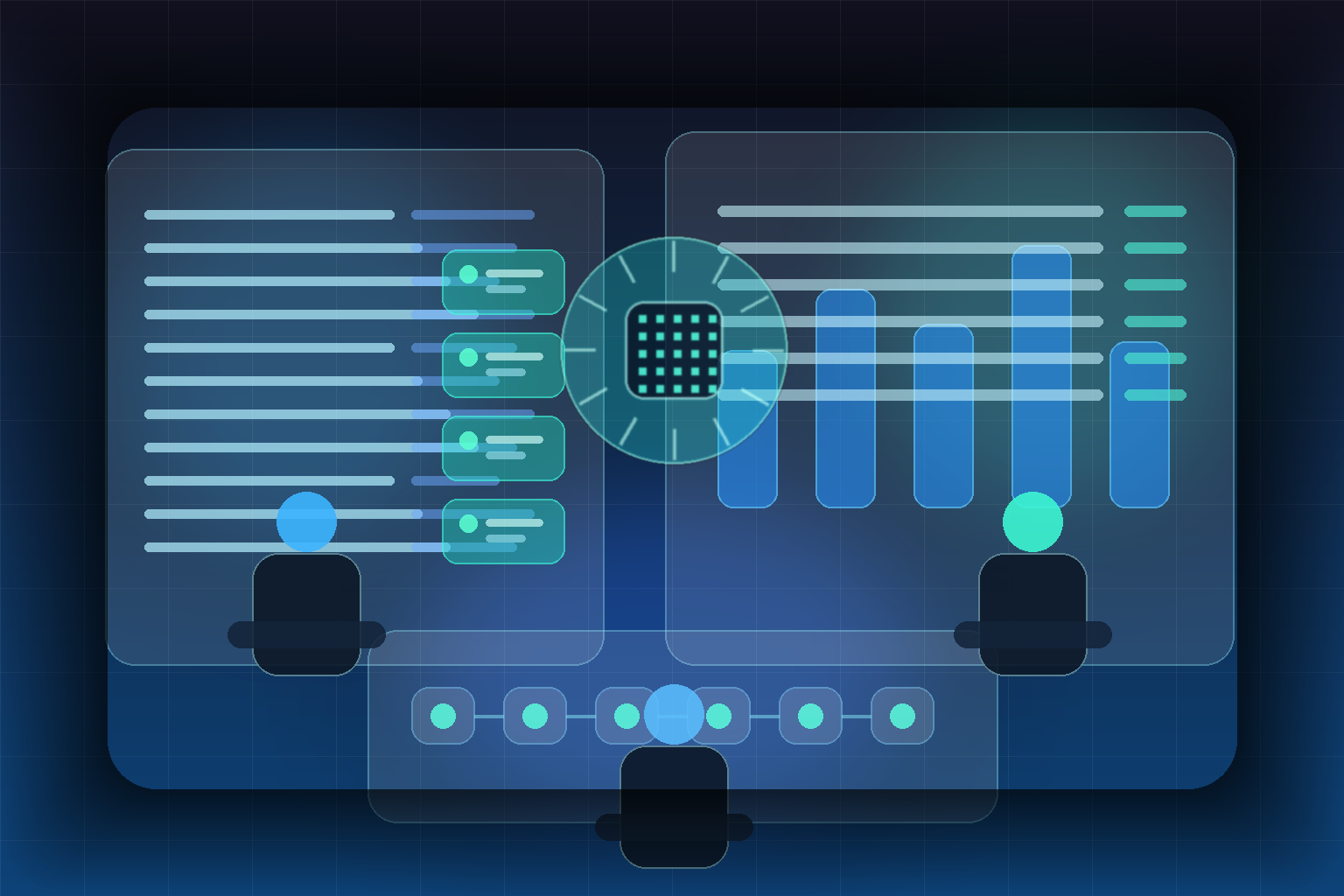 Fintech engineering team reviewing AI-generated pull request feedback, on-call workflow panels, and code quality dashboards in a modern teal-blue software operations studio