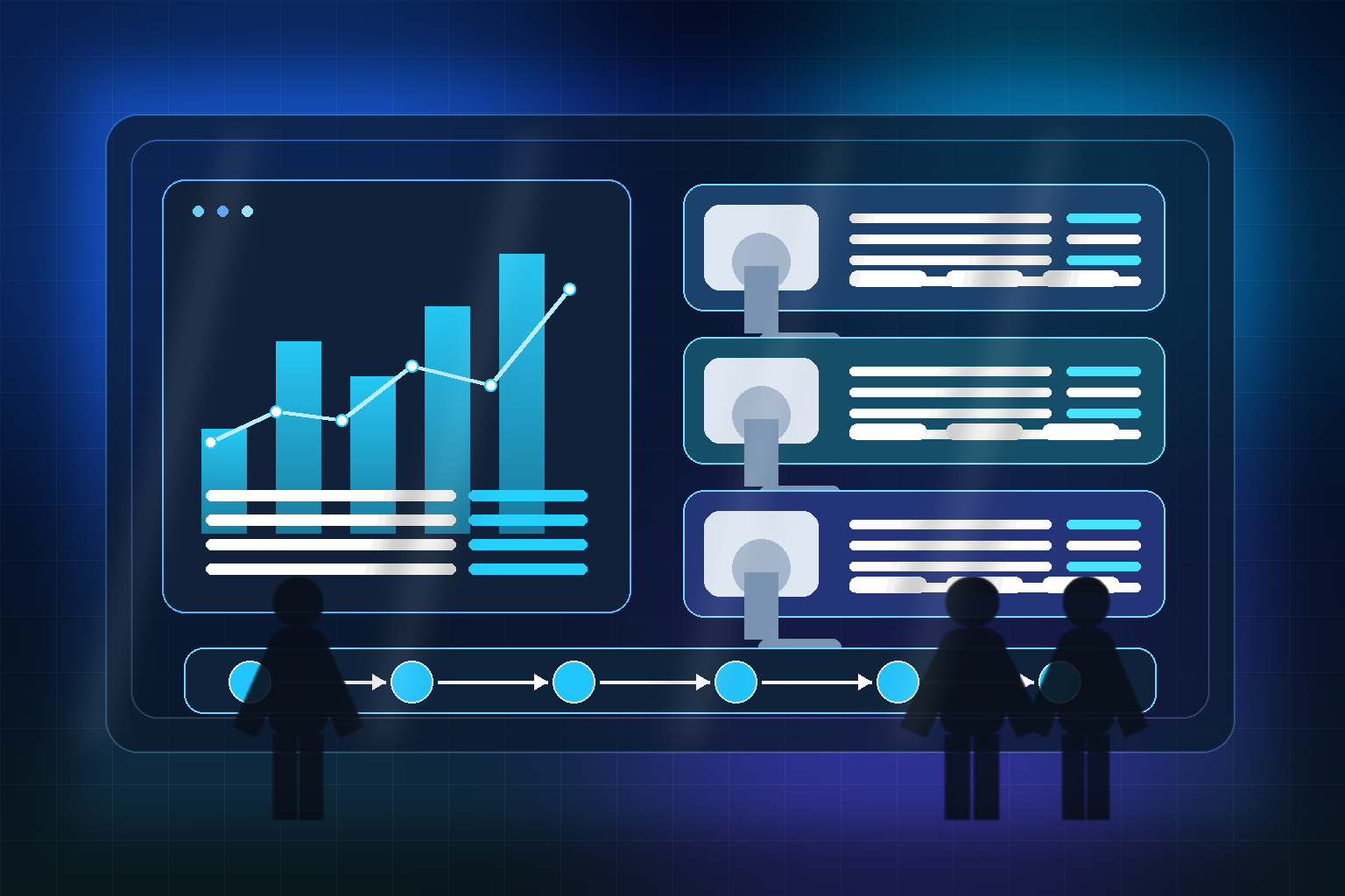 Retail operations and ecommerce catalog teams reviewing AI-enriched product data, supplier support workflows, and search-quality dashboards in a modern blue retail control studio