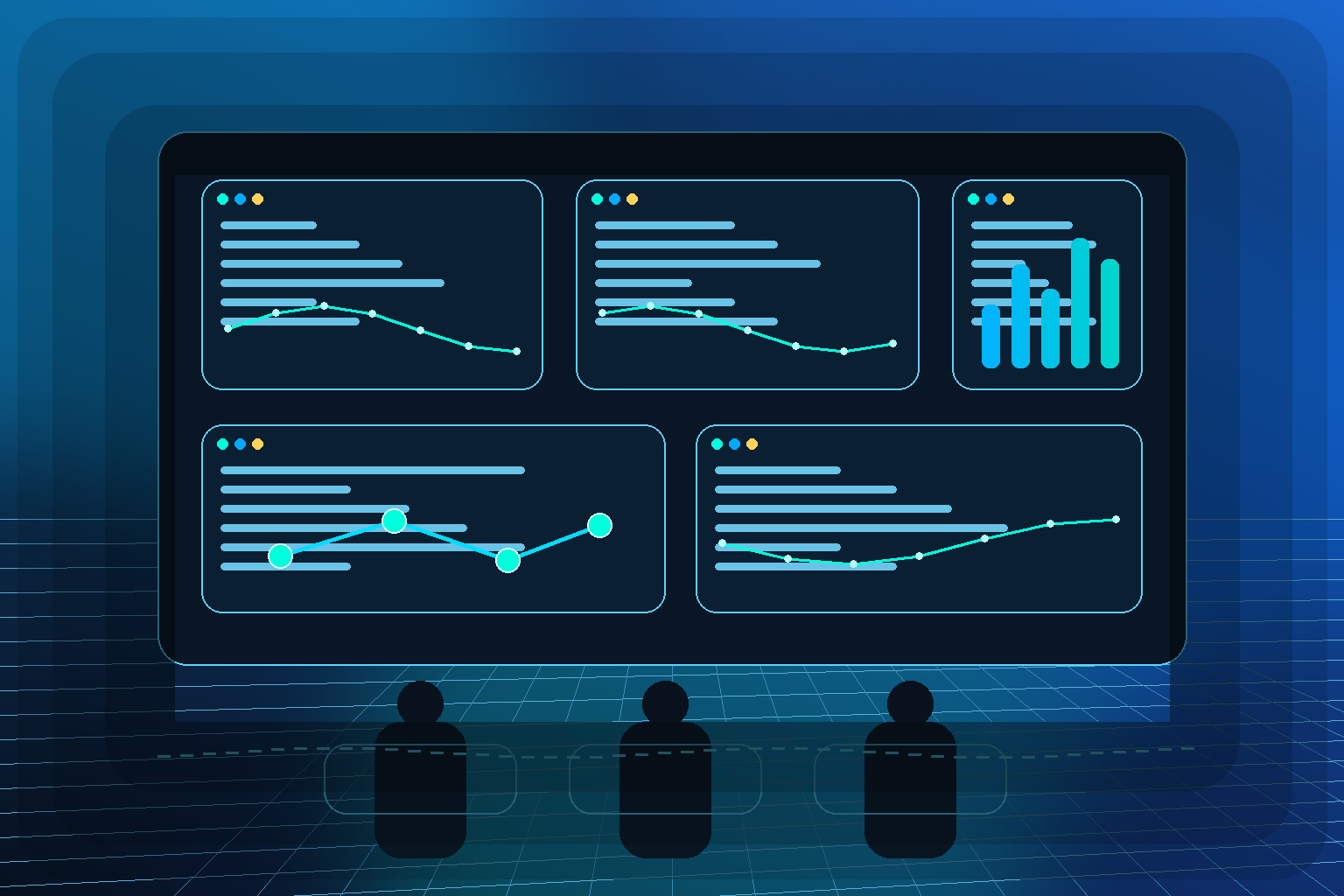 Enterprise software and cybersecurity engineers reviewing AI-generated code, defect repair loops, and secure build dashboards in a modern blue Cisco-style engineering command center