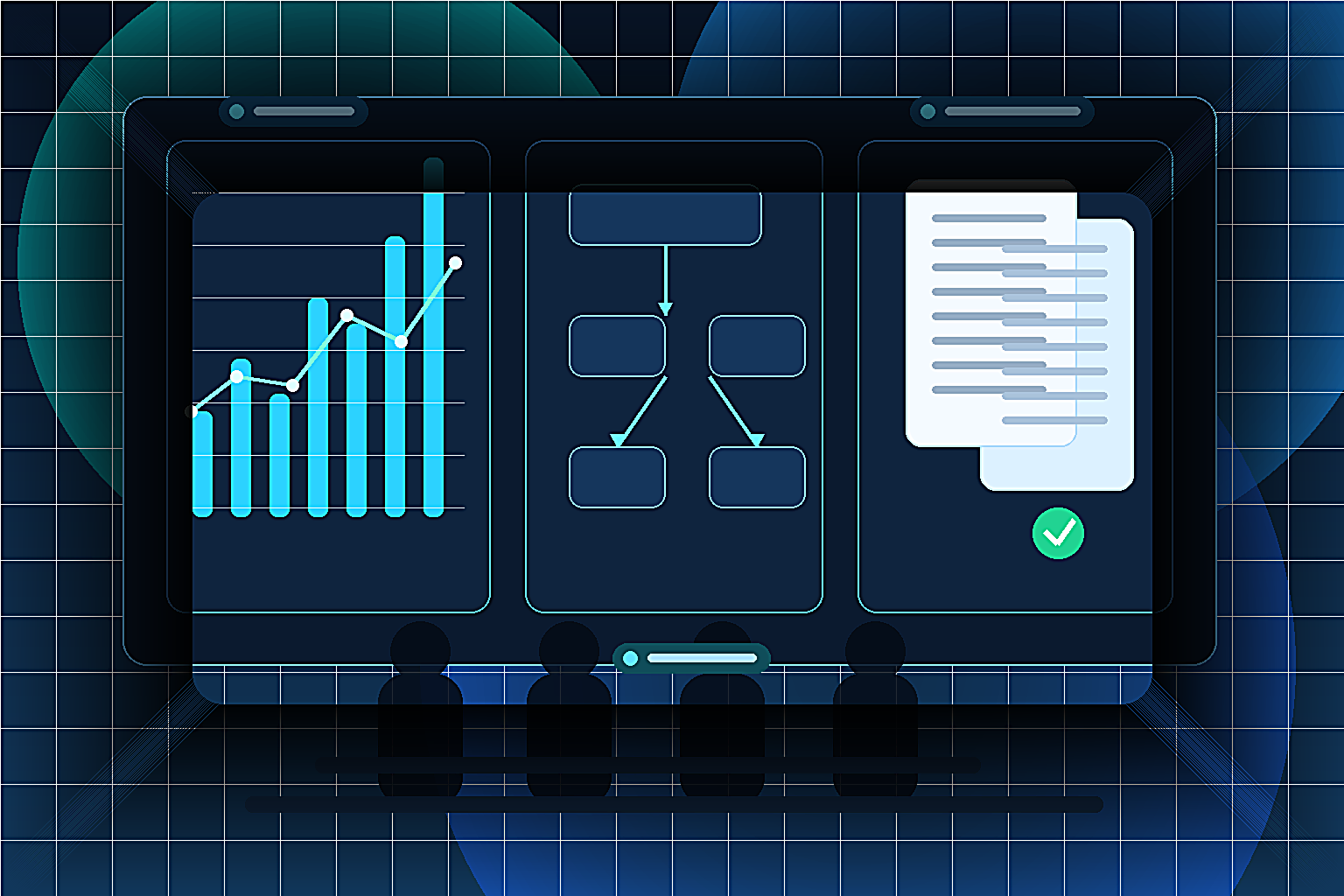 Software architects, delivery leads, and developers reviewing AI-generated requirements specs, architecture diagrams, contract analysis panels, and engineering workflow dashboards in a modern blue enterprise delivery studio