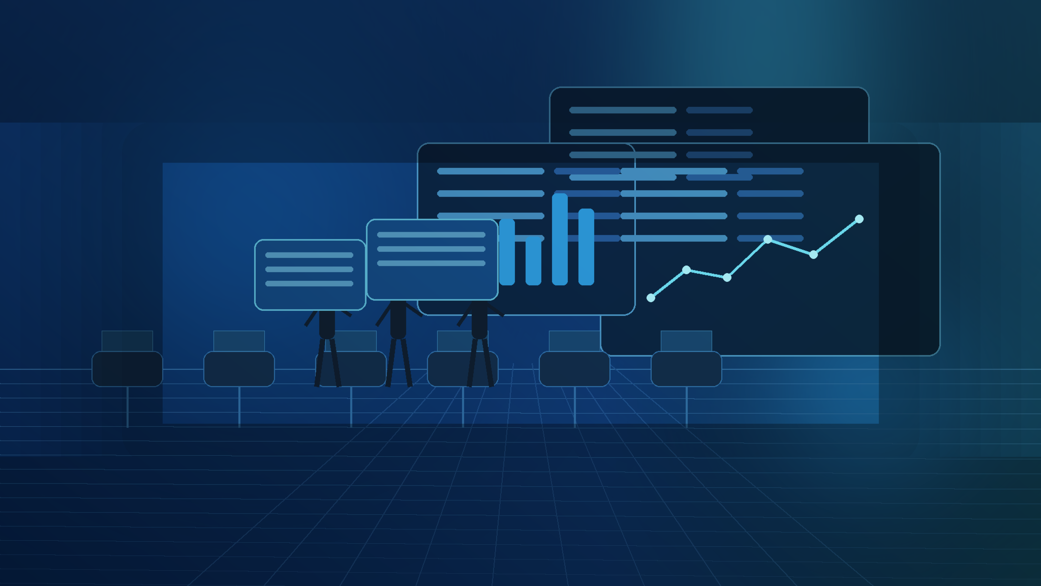 Manufacturing leaders and industrial engineers reviewing AI-guided furnace monitoring, plant issue alerts, complaint analytics, and glass production dashboards inside a modern blue factory command center