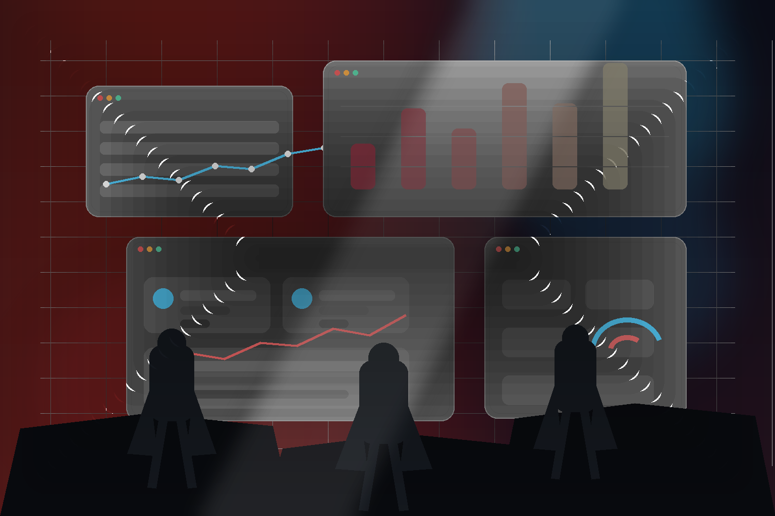 Banking leaders and knowledge workers reviewing AI copilots, customer insight workflows, compliance guardrails, and custom GPT dashboards in a premium red-and-charcoal financial operations center