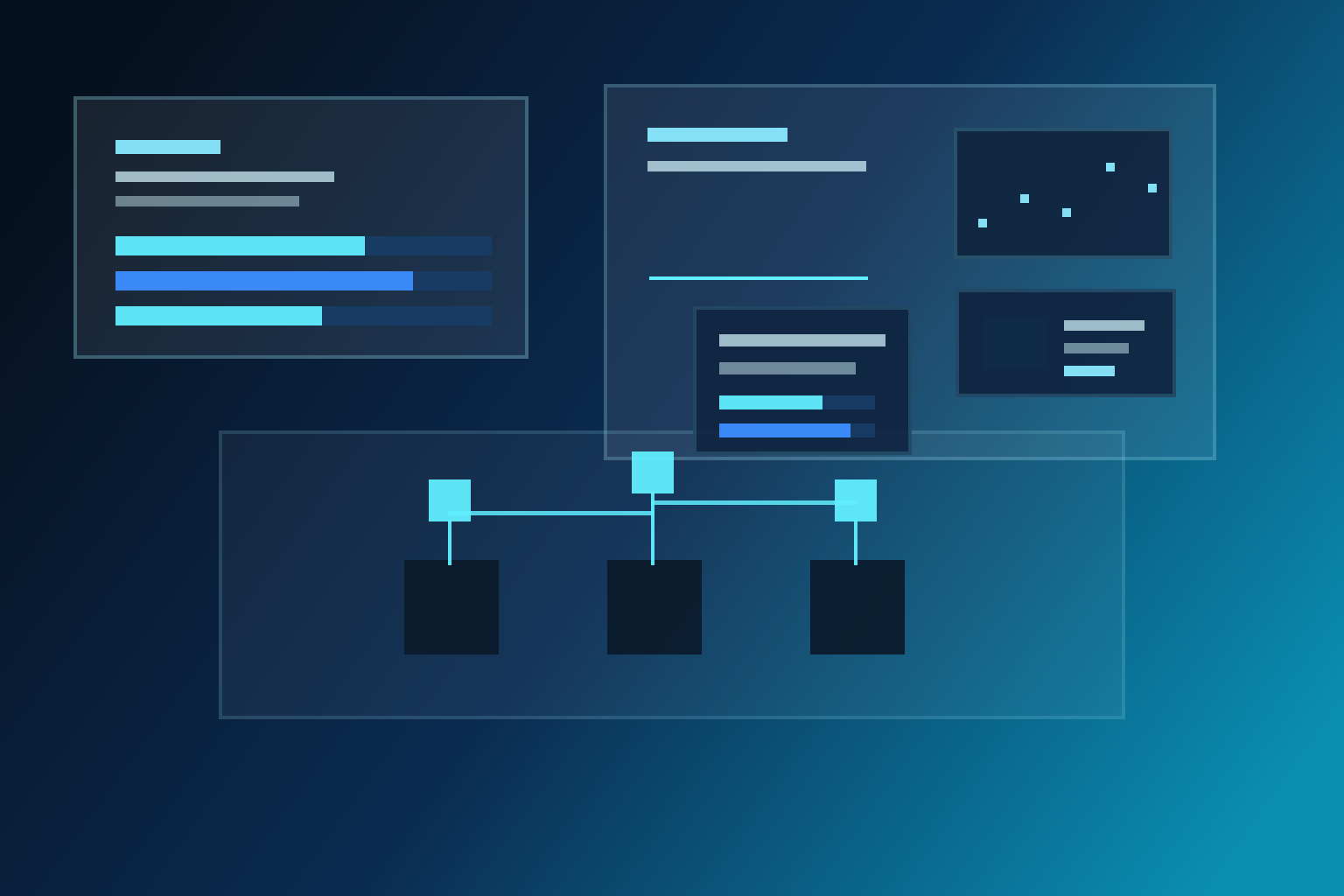 Abstract blue enterprise AI dashboard with workflow panels, analytics cards, and connected collaboration nodes