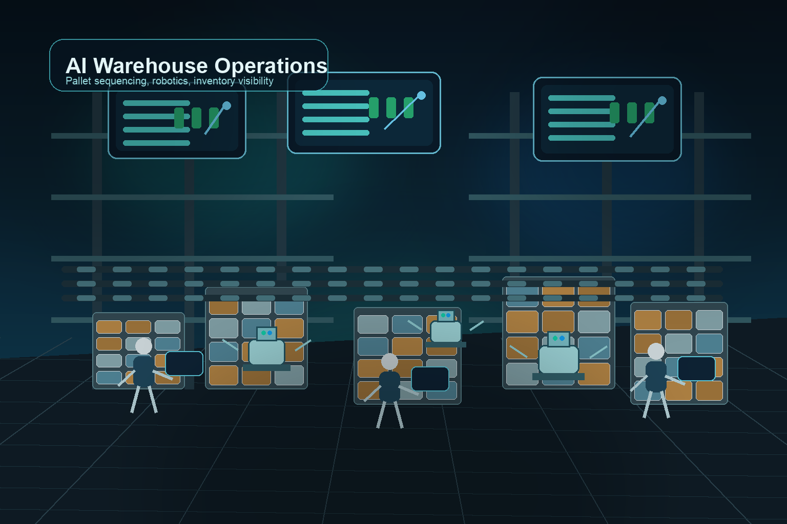 Large retail distribution center with AI-coordinated robots, intelligently stacked pallets, supply chain dashboards, and warehouse teams managing store replenishment in a modern blue-green logistics hub