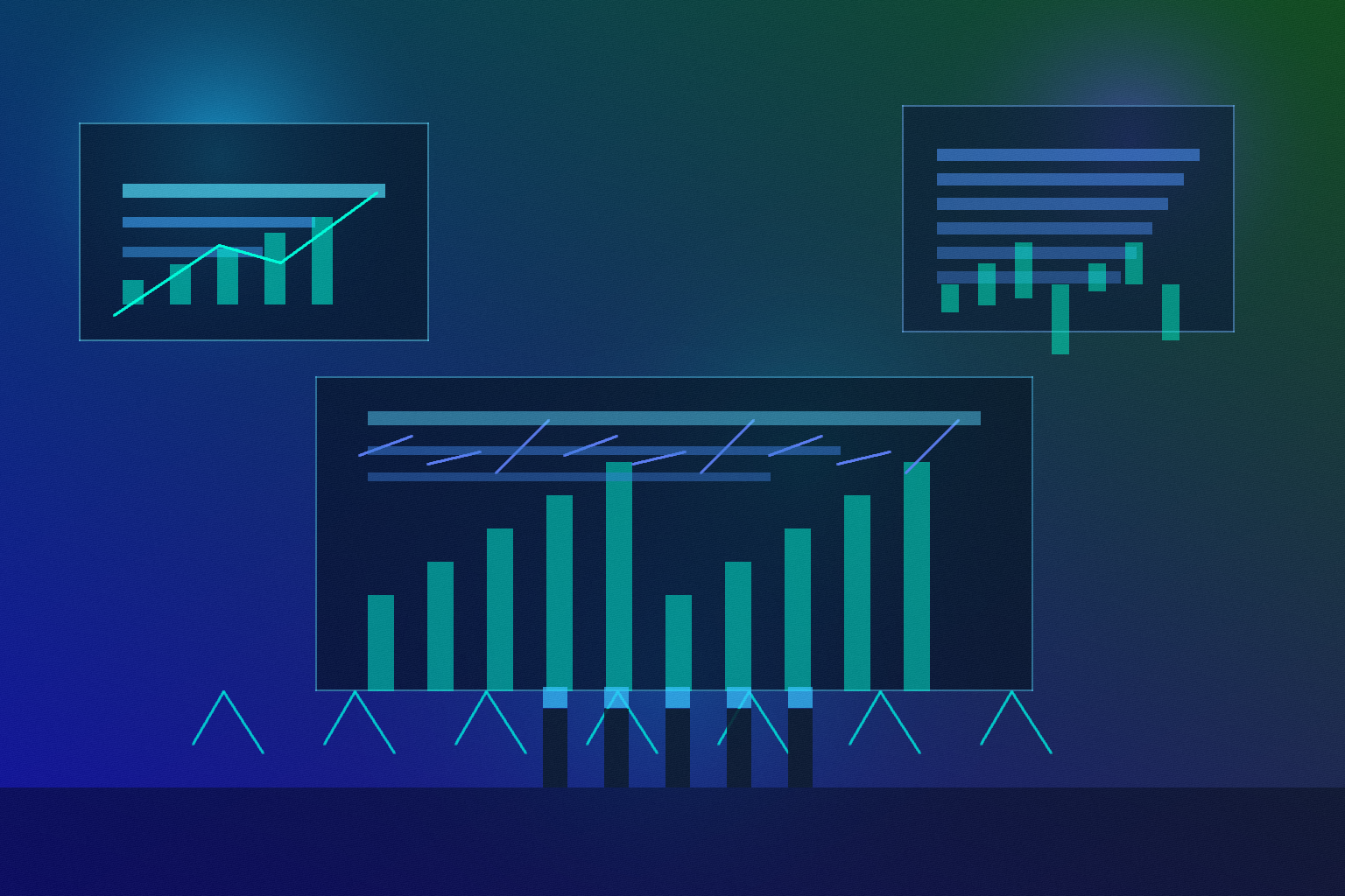 Modern streaming engineering war room with AI coding copilots, data triage dashboards, media recommendation graphs, and product teams coordinating a platform convergence launch in a teal-and-indigo control center