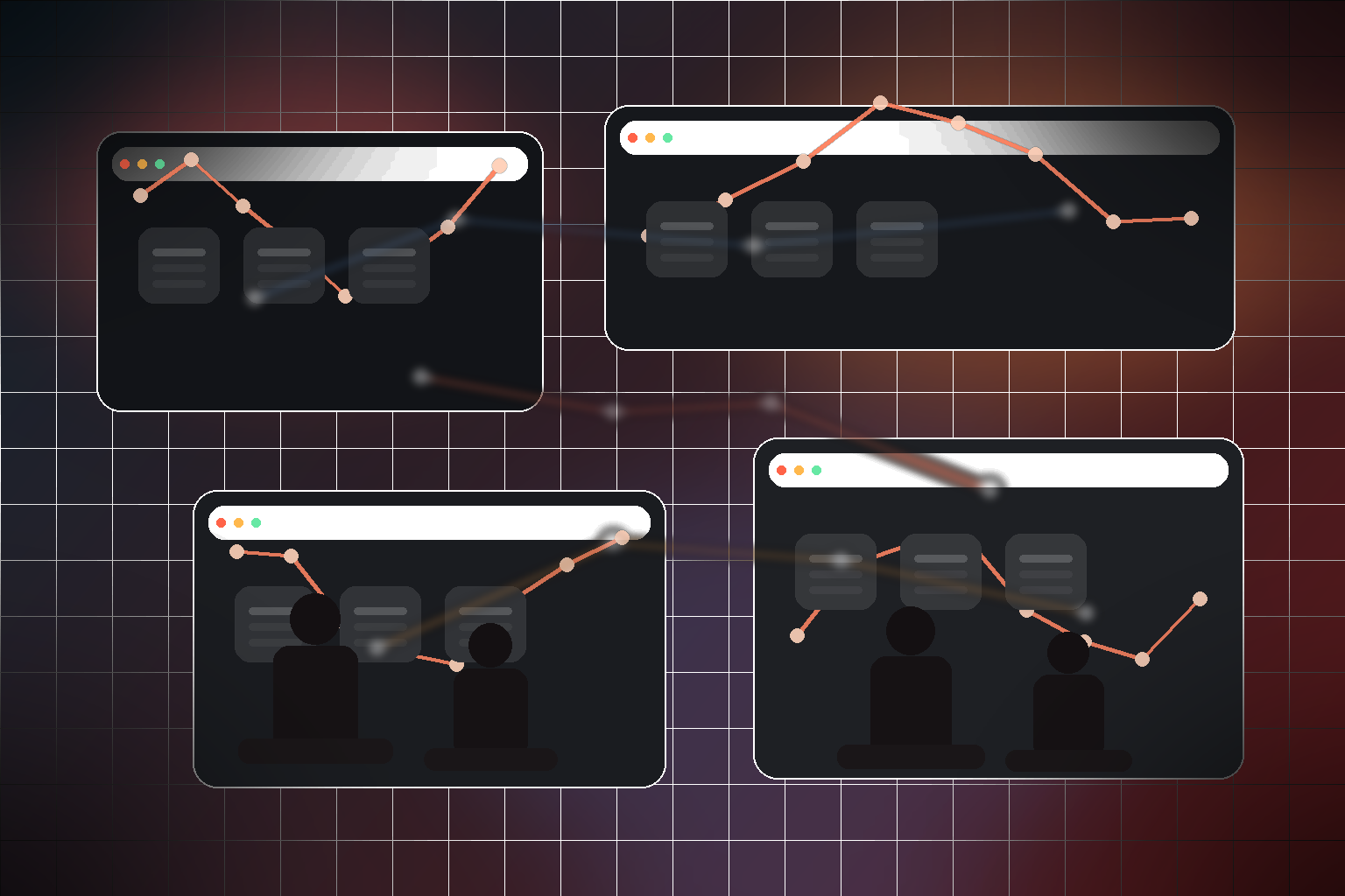 Marketplace product and search leaders reviewing AI-powered query intent dashboards, grocery and retail recommendation models, and cross-vertical commerce insights in a modern red-and-charcoal operations studio