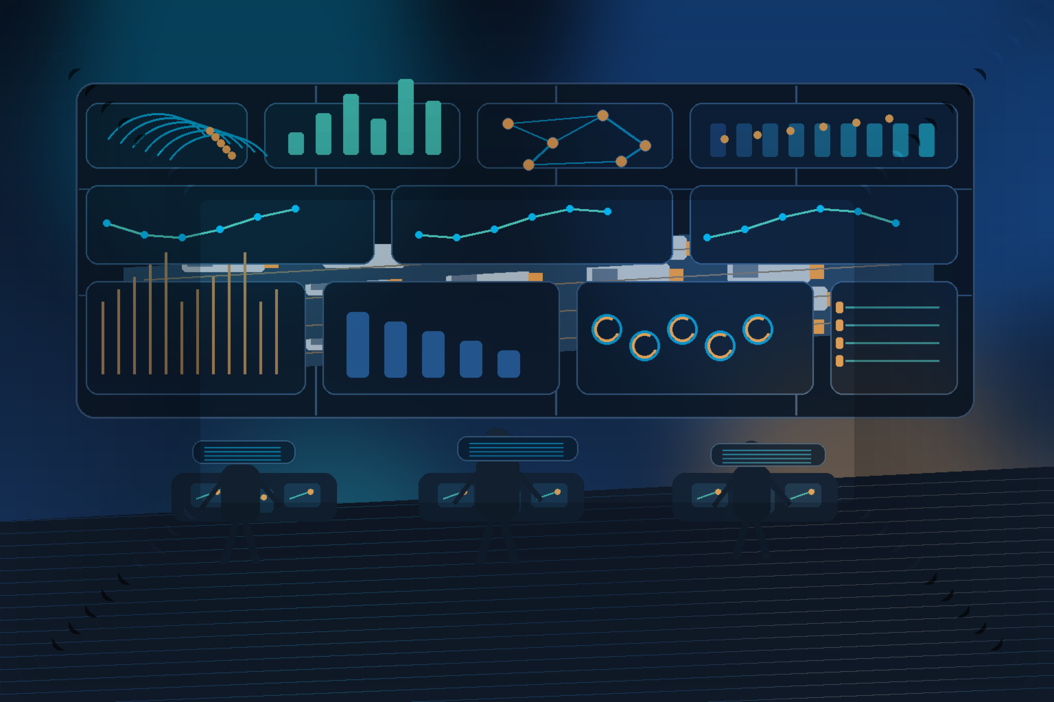 Logistics site managers reviewing AI-guided yard operations dashboards, trailer movements, labor signals, and predictive freight alerts in a modern blue-and-amber control center