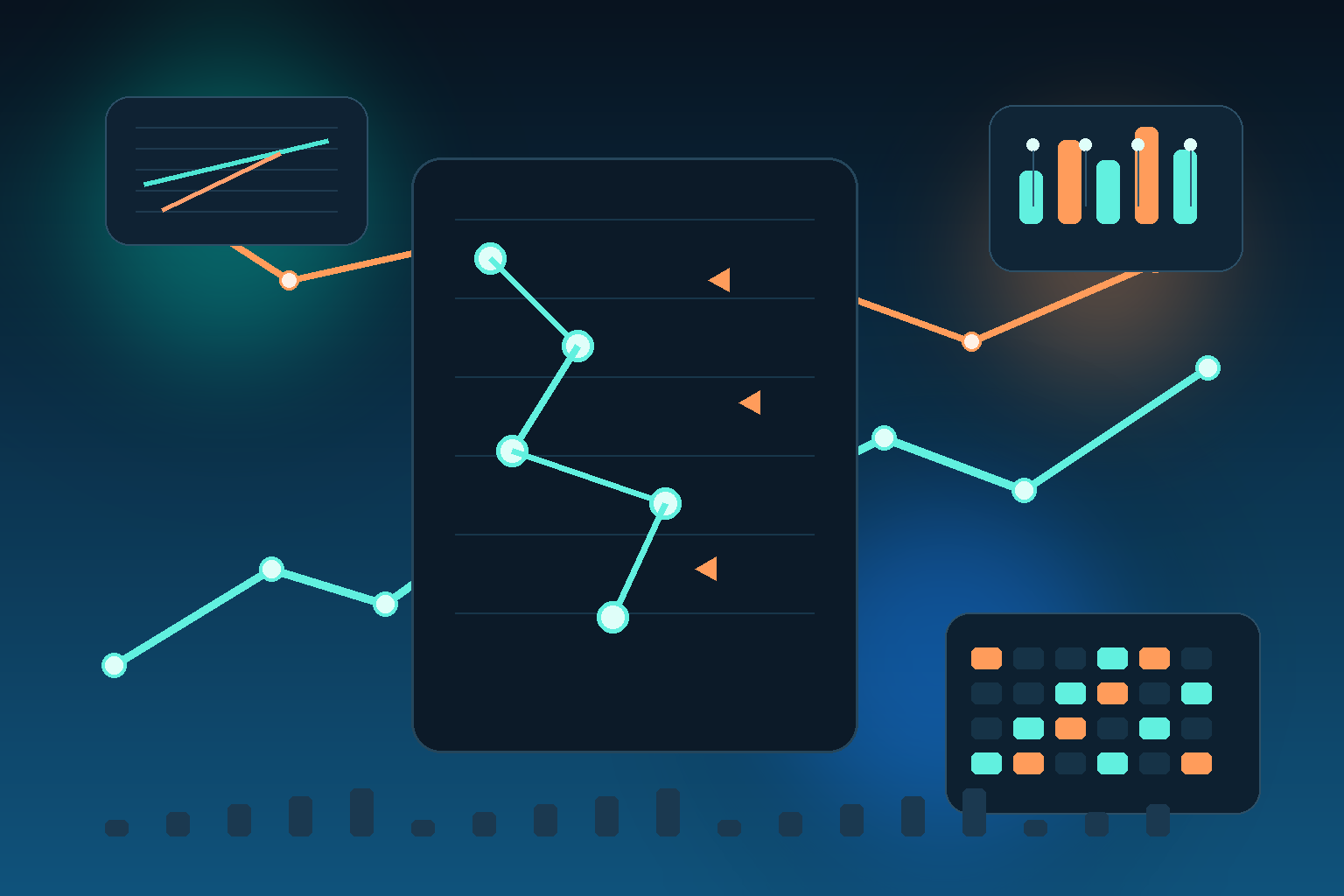 Last-mile delivery operators reviewing AI route optimization maps, package sortation assignments, proof-of-delivery signals, and driver performance dashboards in a modern teal-and-orange logistics control center