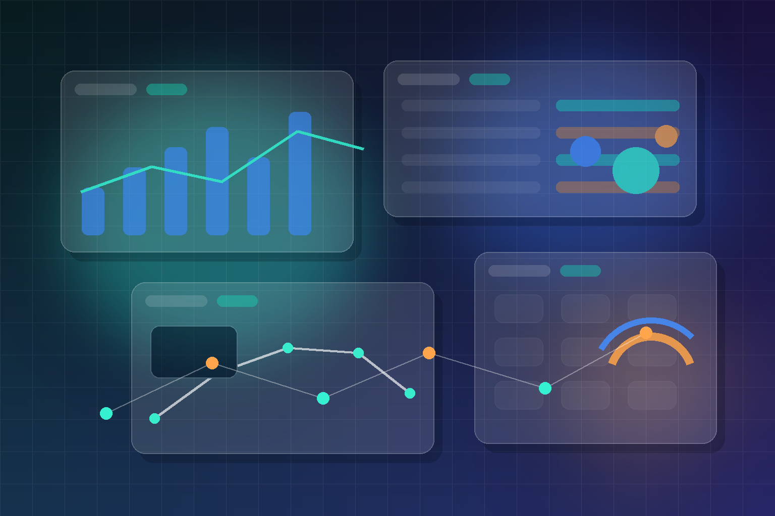 Enterprise software teams reviewing AI usage dashboards, customer feedback analysis, code assistants, and cost controls in a modern blue-and-cyan operations center