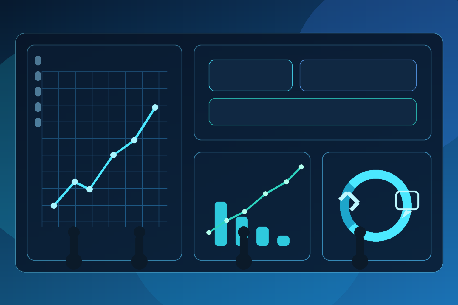 Airport customer-experience leaders reviewing AI passenger-support dashboards, terminal maps, live flight-status data, and phone-to-digital service channels in a modern blue-and-teal operations center