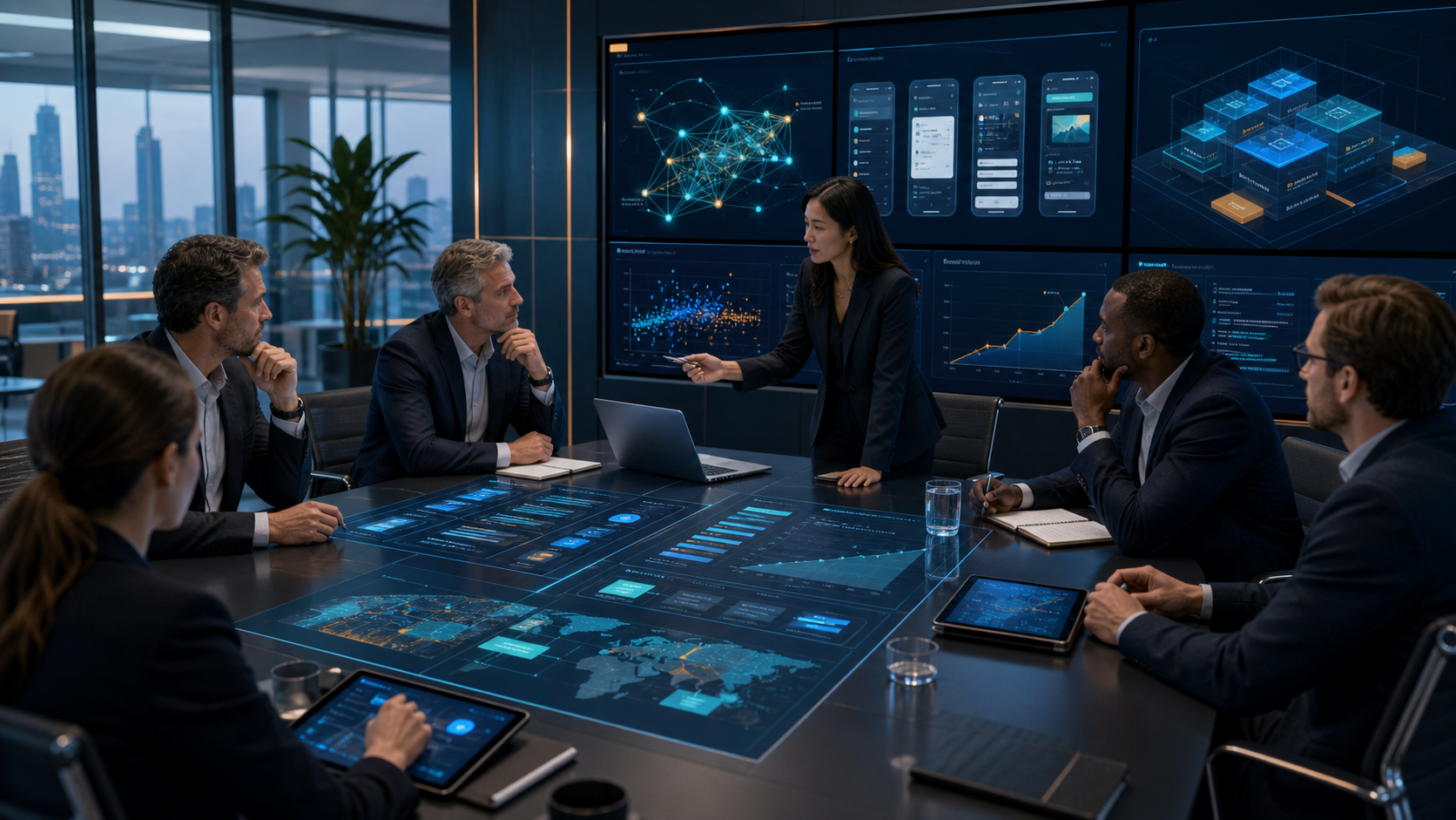Private equity deal teams and software diligence advisors reviewing AI-generated product replicas, valuation graphs, defensibility maps, and architecture overlays in a modern blue-and-teal conference room