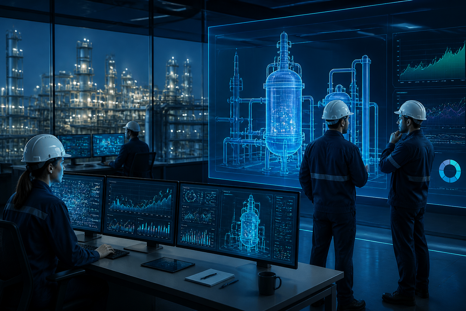 Plant engineers and operators reviewing AI analytics dashboards, a digital twin of a chemical reactor, energy optimization charts, and yield metrics in a modern blue specialty-chemicals control room