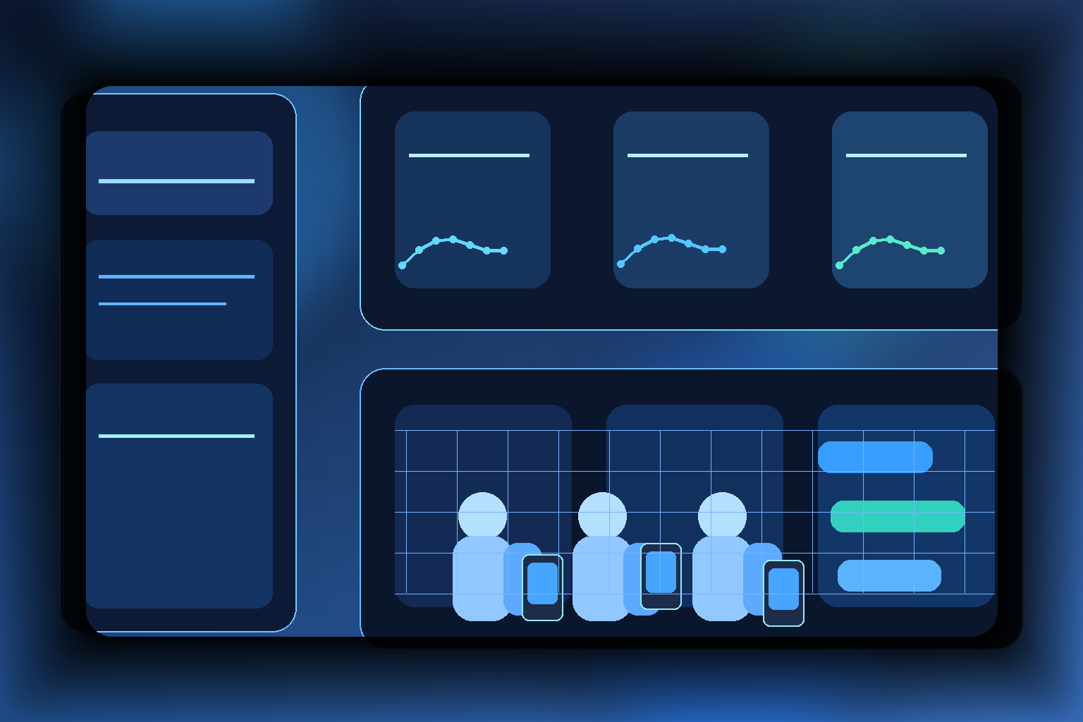 Retail store associates and ecommerce leaders reviewing an AI shopping assistant, product knowledge guidance, conversion dashboards, and bilingual customer support in a modern blue home-improvement operations studio