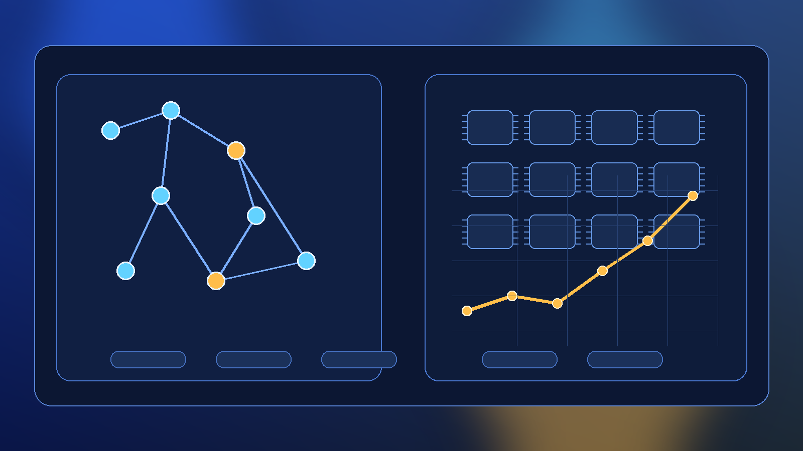 Pharma research leaders reviewing AI drug-discovery pipelines, molecule graphs, compute infrastructure, and licensing dashboards in a modern blue-and-gold biotech strategy studio