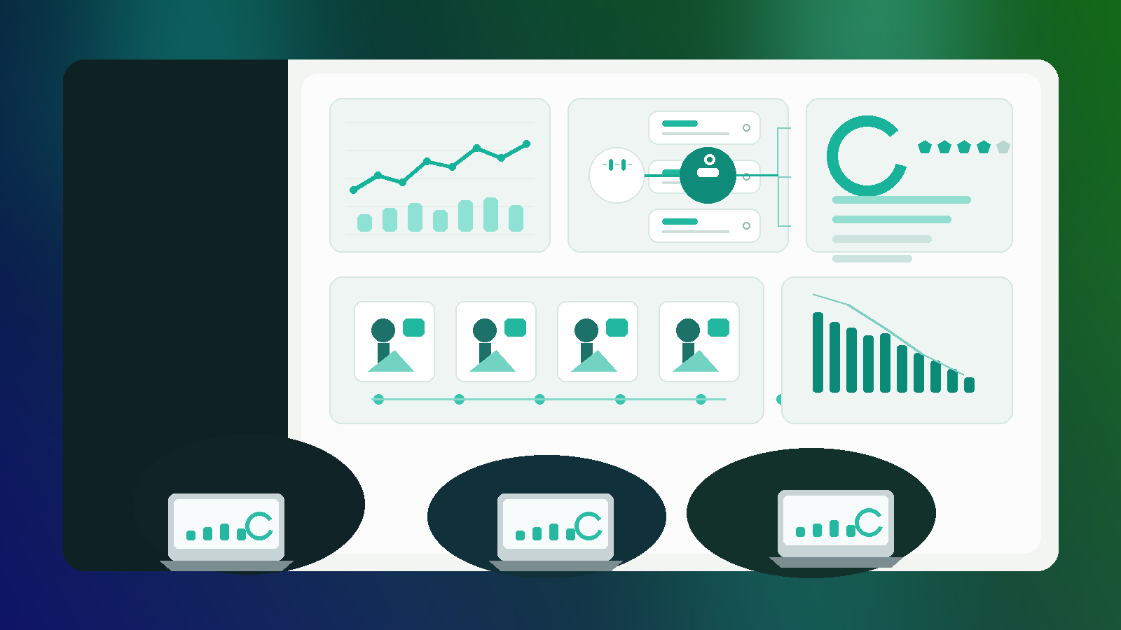 Fintech marketing and support leaders reviewing AI service flows, campaign storyboards, satisfaction metrics, and cost dashboards in a modern green-and-teal operations studio