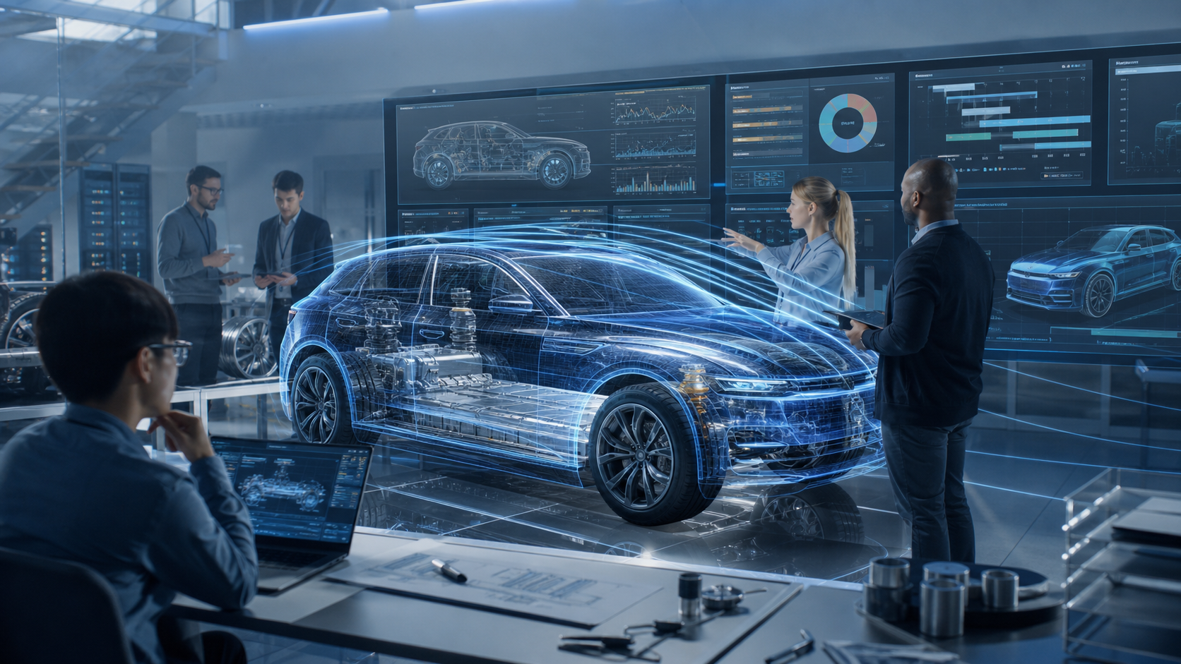 Automotive engineers reviewing an electric vehicle digital twin, aerodynamic drag simulations, AI design iterations, and development-cycle dashboards in a modern blue-and-silver mobility lab