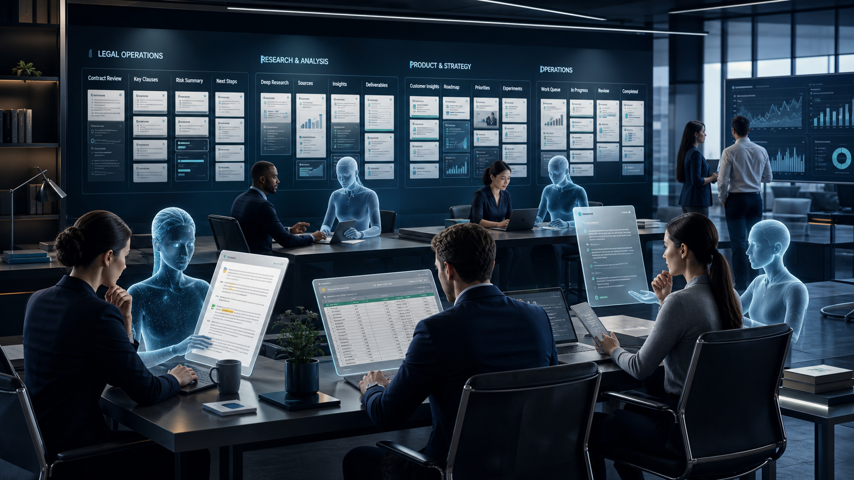 Professional teams in legal operations, research, product strategy, and operations supervising multiple AI agents across documents, spreadsheets, and dashboards in a modern blue enterprise studio