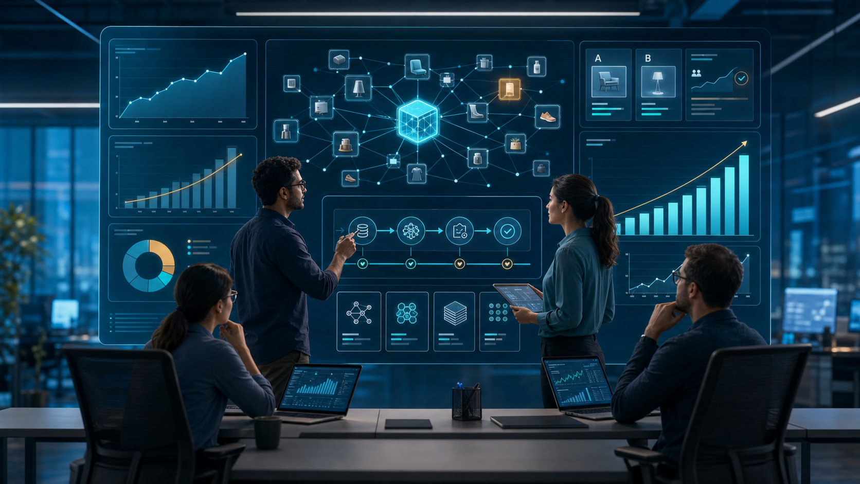 Adtech product engineers and machine-learning specialists reviewing AI ranking graphs, verification workflows, A/B testing dashboards, and revenue uplift charts in a modern blue enterprise operations studio
