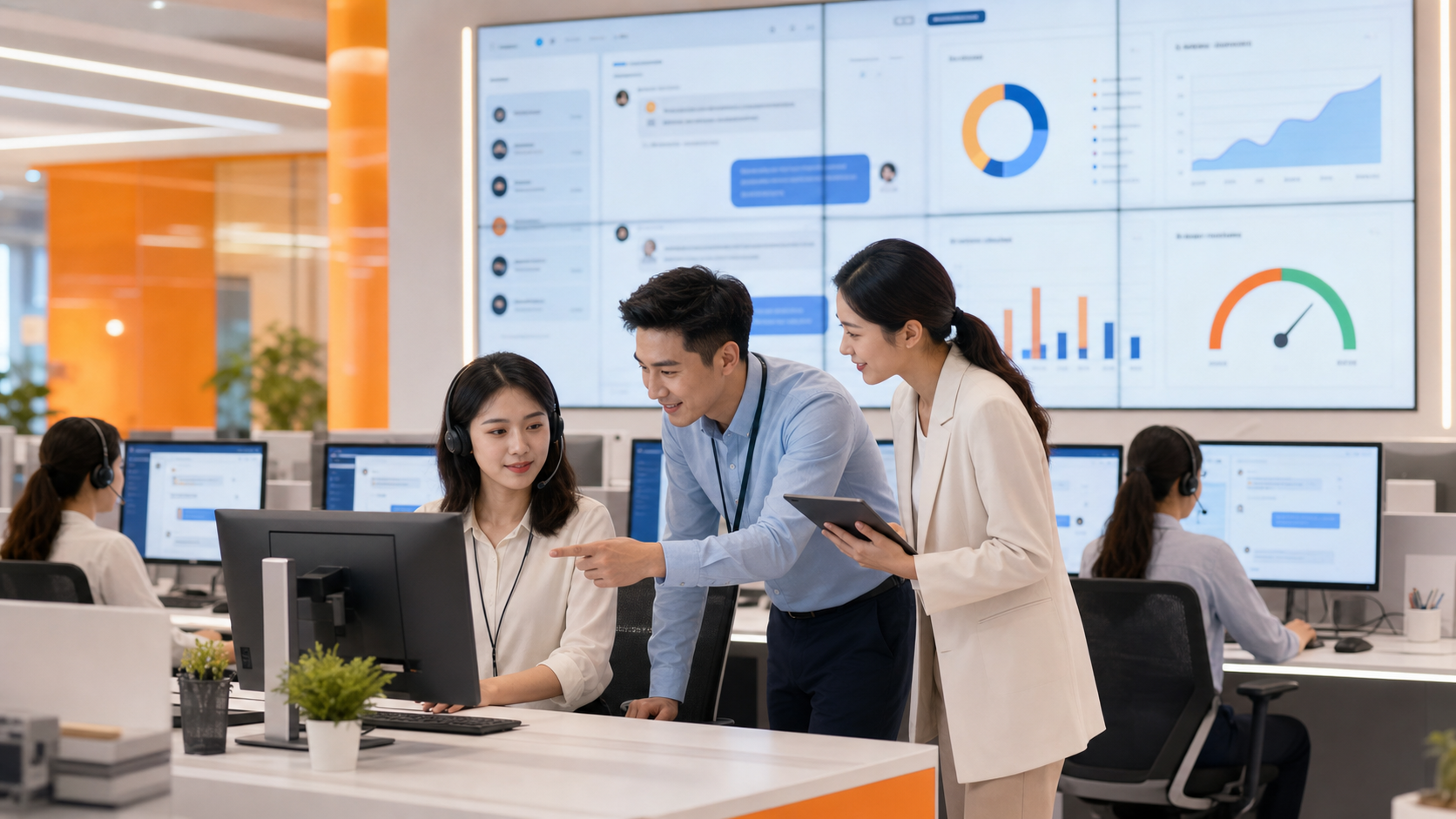 Customer service team leads and support agents reviewing AI-assisted chat workflows, satisfaction dashboards, and faster-resolution charts in a bright modern ecommerce operations center with orange and blue accents