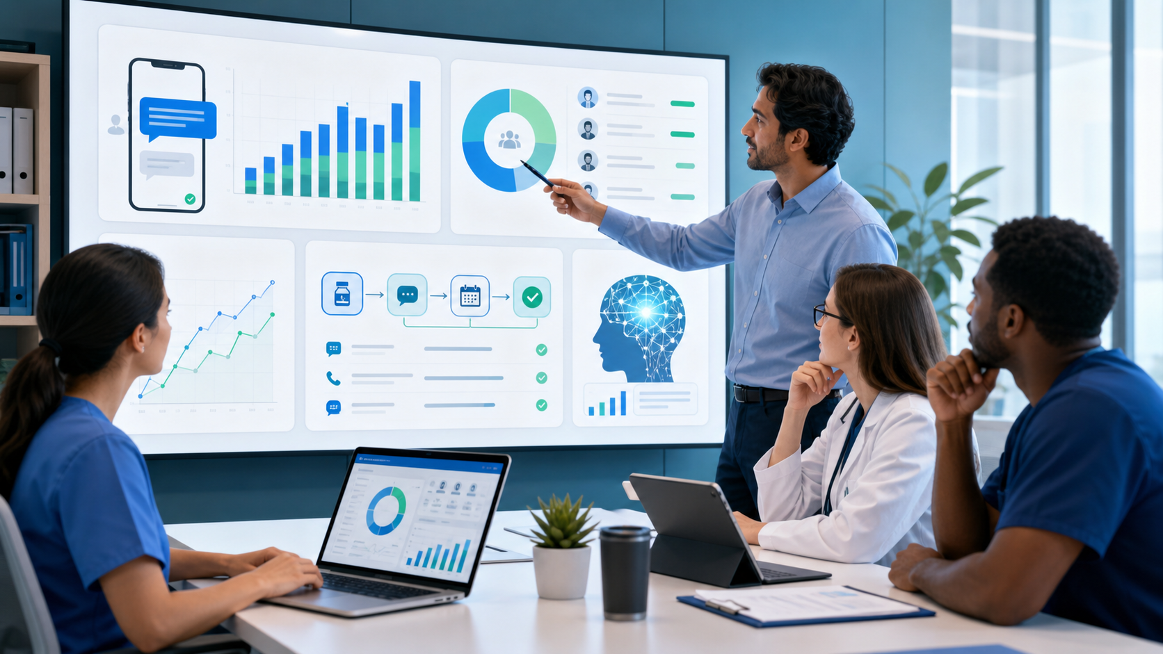 Healthcare operations leaders reviewing AI-generated patient outreach messages, prescription follow-up dashboards, engagement charts, and workflow analytics in a modern blue and teal care coordination center