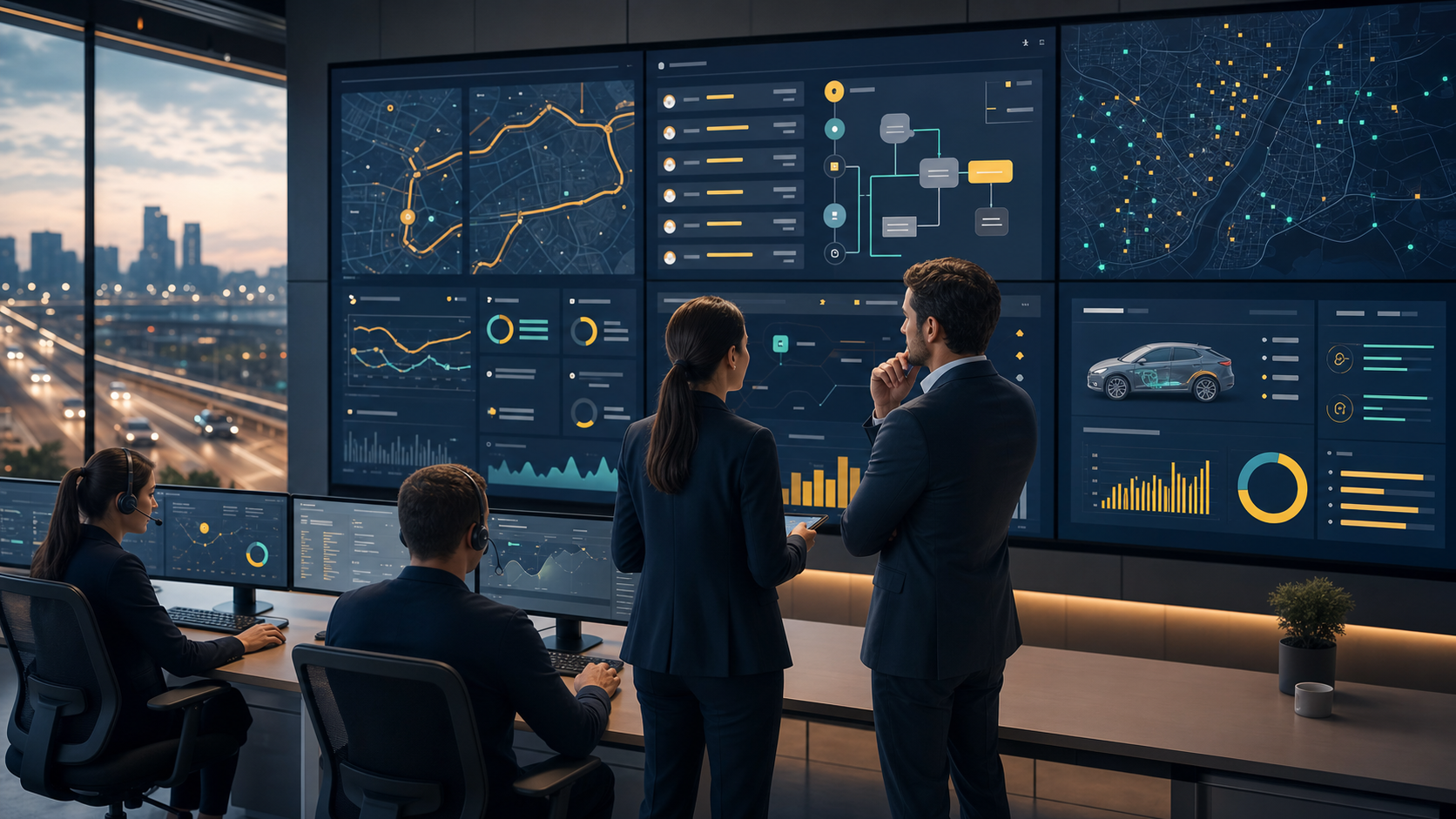 Mobility operations leaders and support managers reviewing AI workflow dashboards, route maps, connected vehicle telemetry, and customer support performance charts in a modern amber and navy enterprise control room