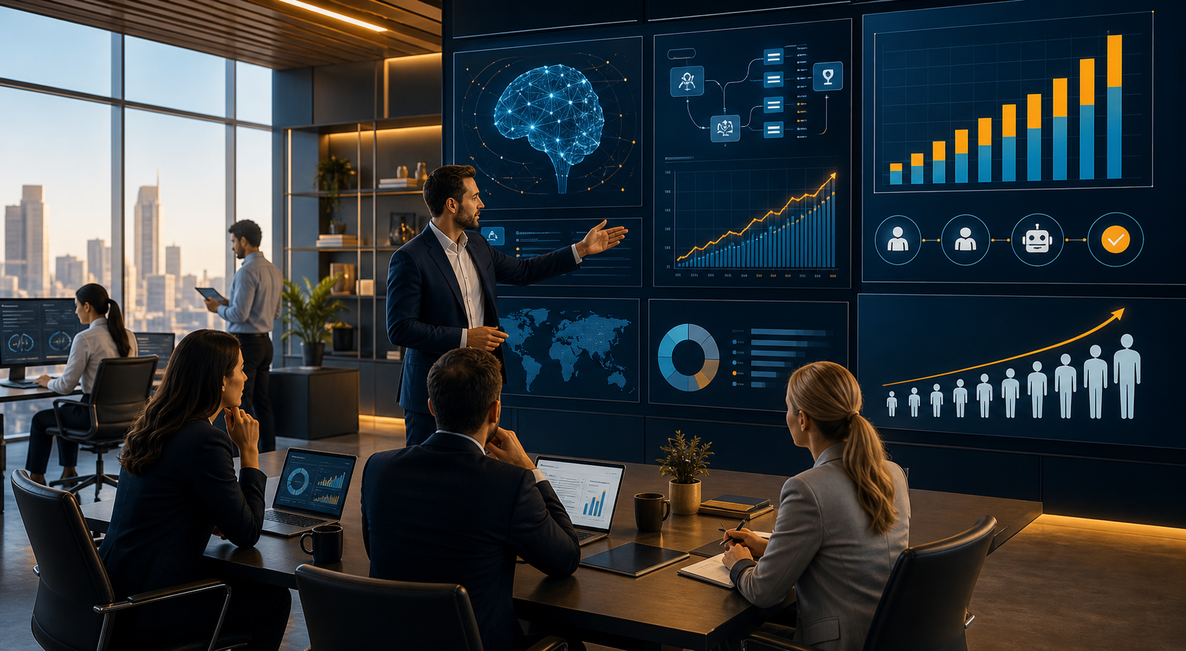 Executives and operations leaders reviewing AI workflow dashboards, upward hiring charts, staffing analytics, and automation performance screens in a modern amber and navy enterprise office