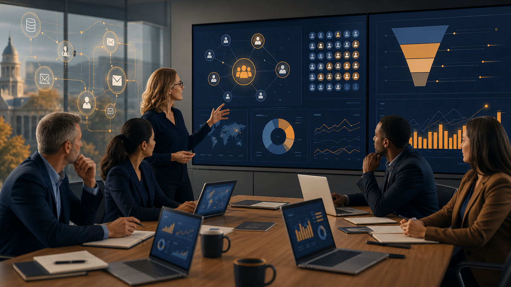 University growth and marketing leaders reviewing first-party data pipelines, AI audience segments, campaign dashboards, and enrollment conversion charts in a modern amber and navy strategy room