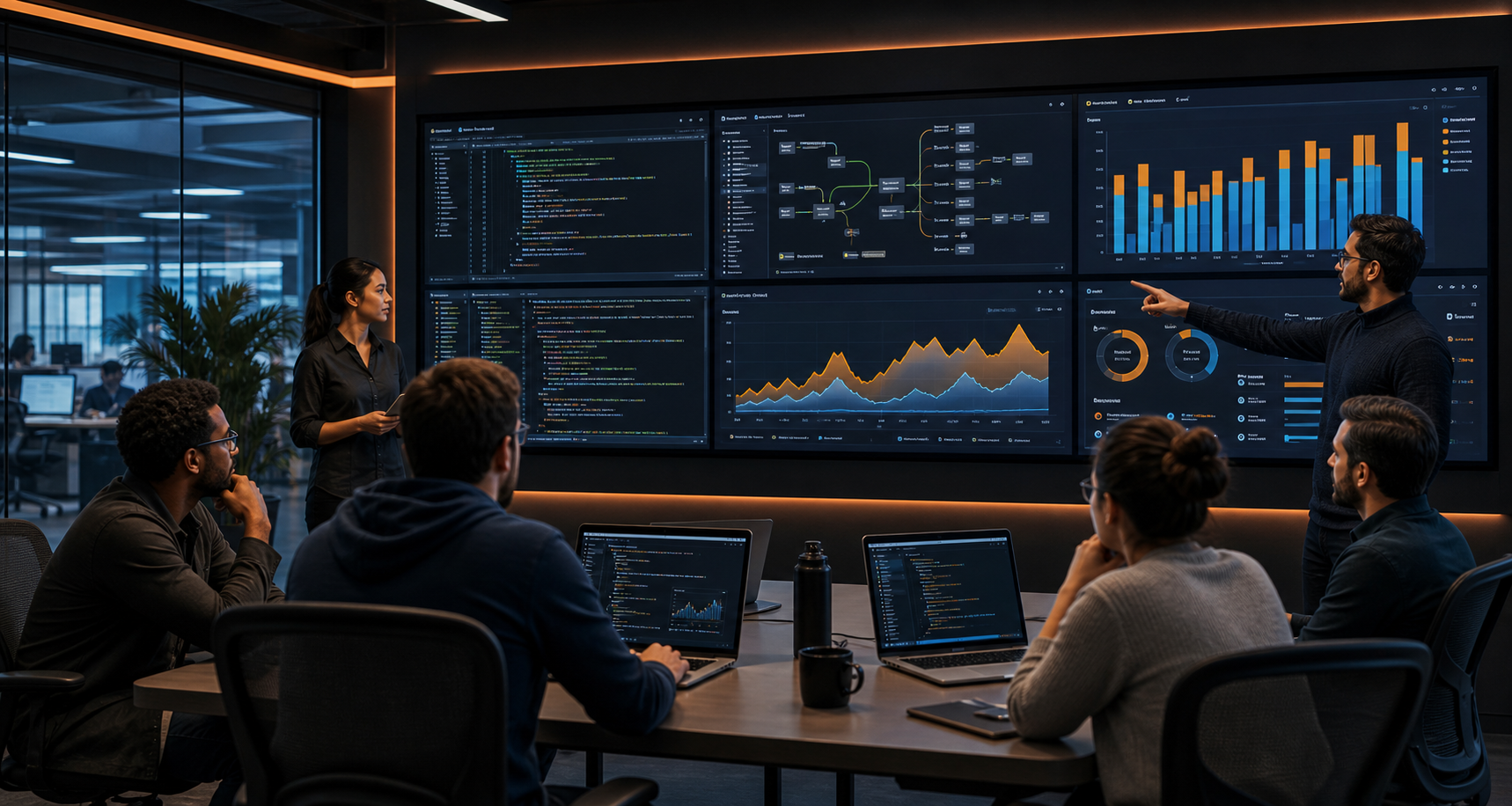Software engineering leaders and developers reviewing terminal-based AI coding agents, pull request throughput charts, and rollout analytics on large screens in a modern amber and navy operations room