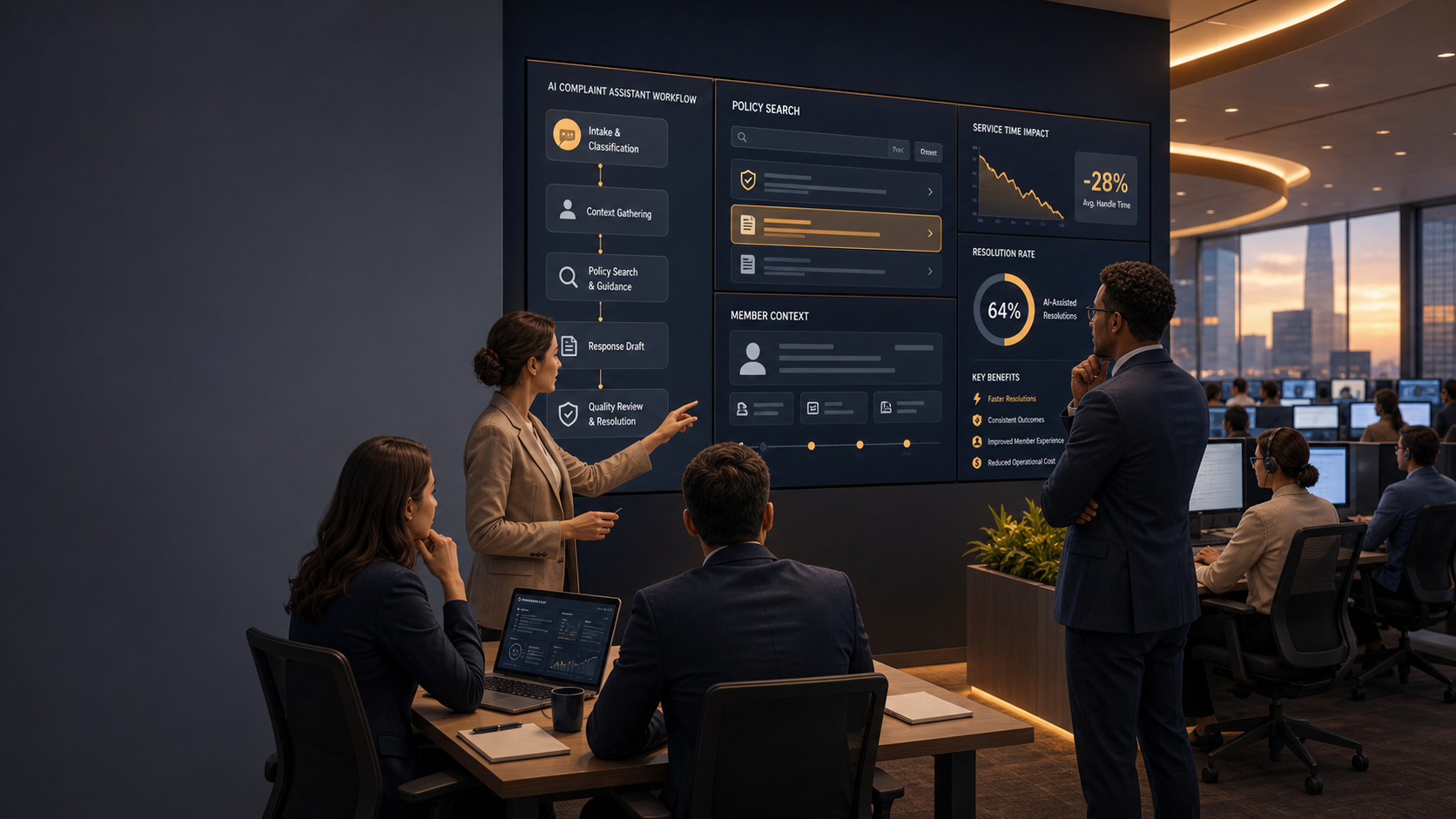 Banking customer-service leaders reviewing AI complaint-assistant workflows, policy search results, member context dashboards, and service-time metrics in a modern amber and navy operations center