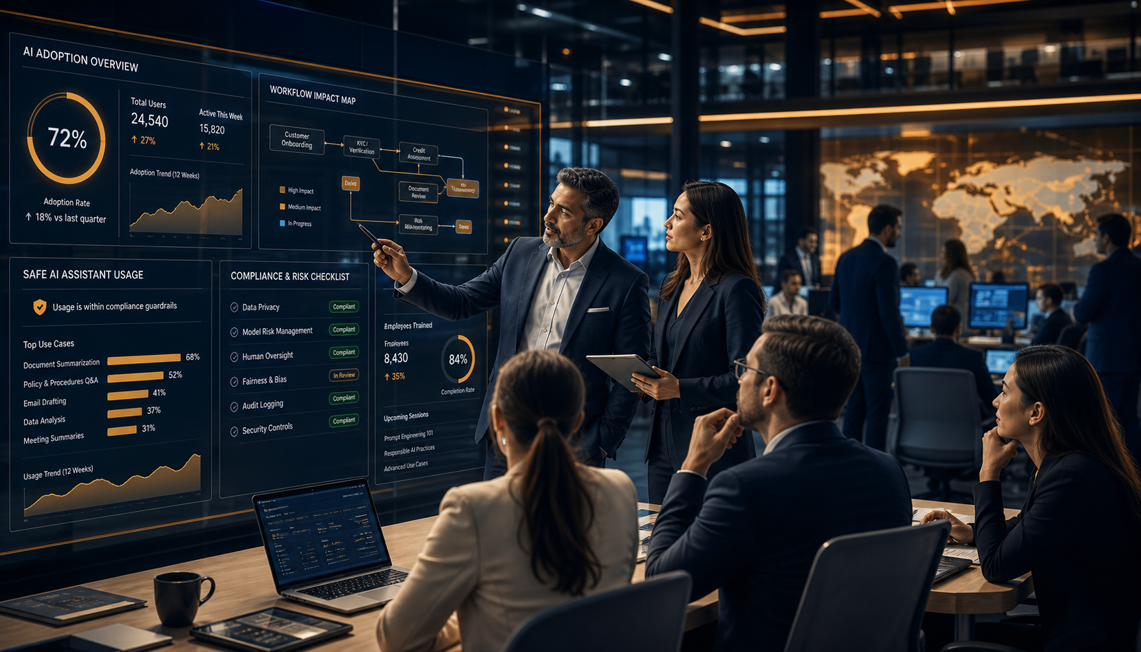 Bank leaders and AI champions reviewing secure adoption dashboards, workflow coaching plans, compliance checkpoints, and enterprise usage metrics in a modern navy and amber operations center