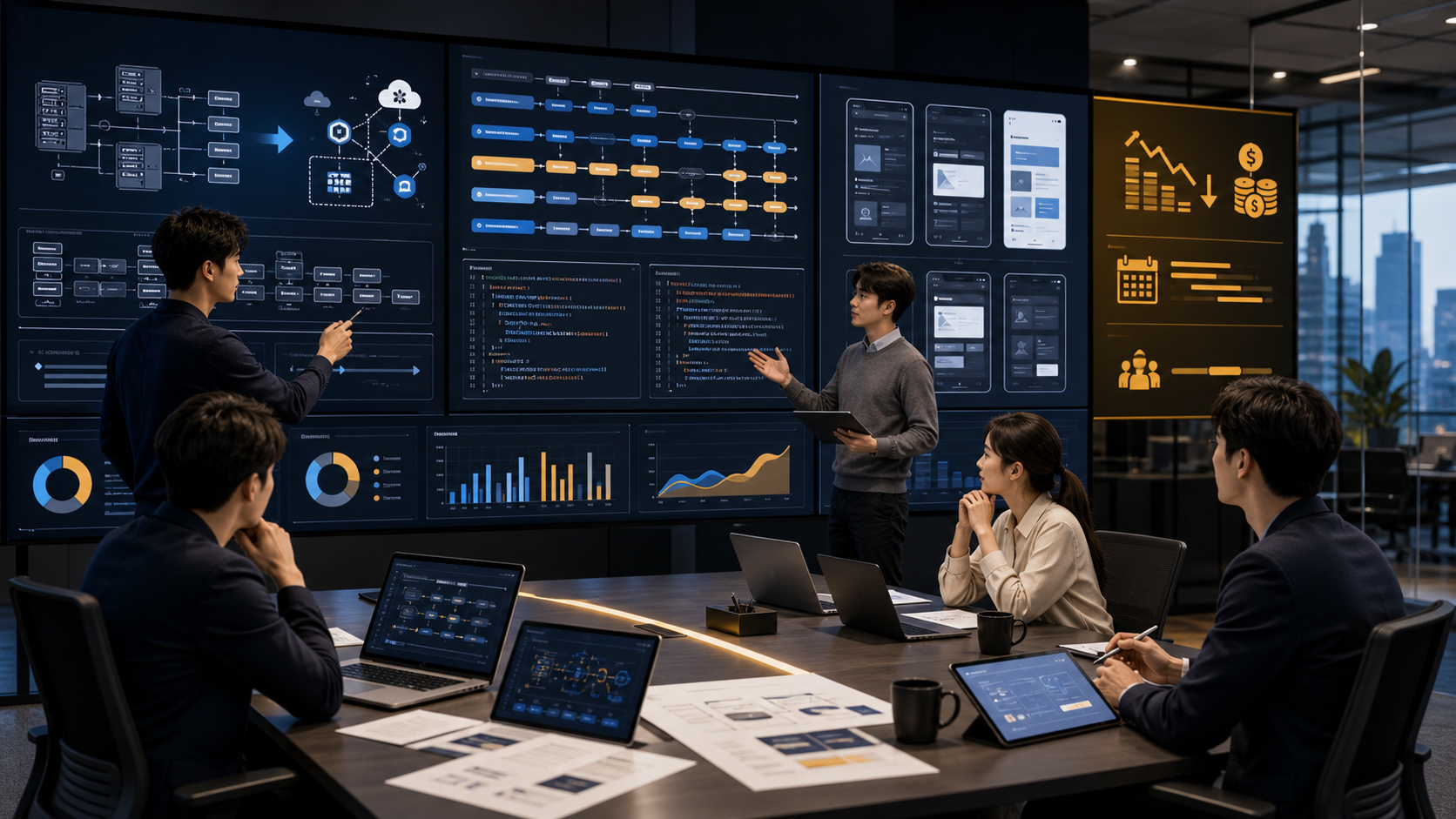 Enterprise modernization team reviewing AI-assisted migration dashboards, API workflow maps, React screen layouts, and delivery metrics in a modern operations room