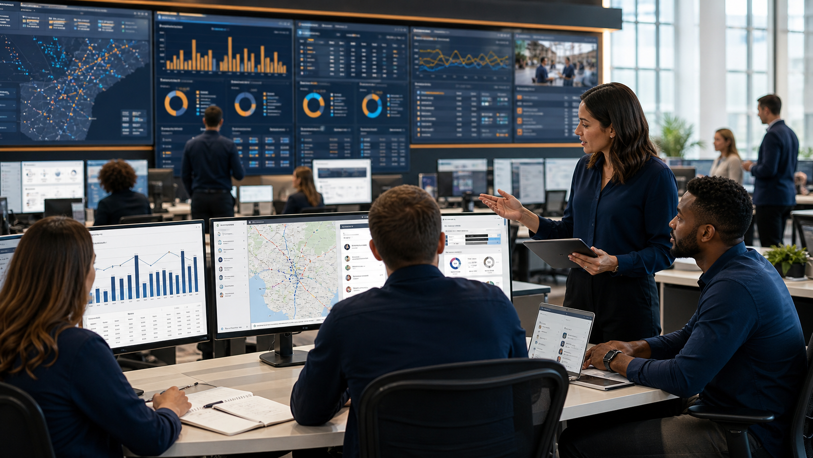 Retail operations leaders reviewing AI-assisted compliance dashboards, labor-hour charts, store-routing maps, finance forecast panels, and training workflows in a modern command center