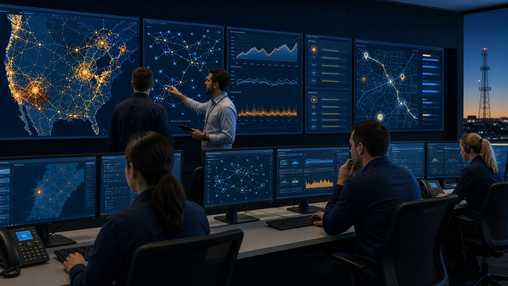 Network operations specialists reviewing AI-assisted outage maps, predictive reliability charts, field dispatch routing, and telecom incident dashboards in a modern operations center