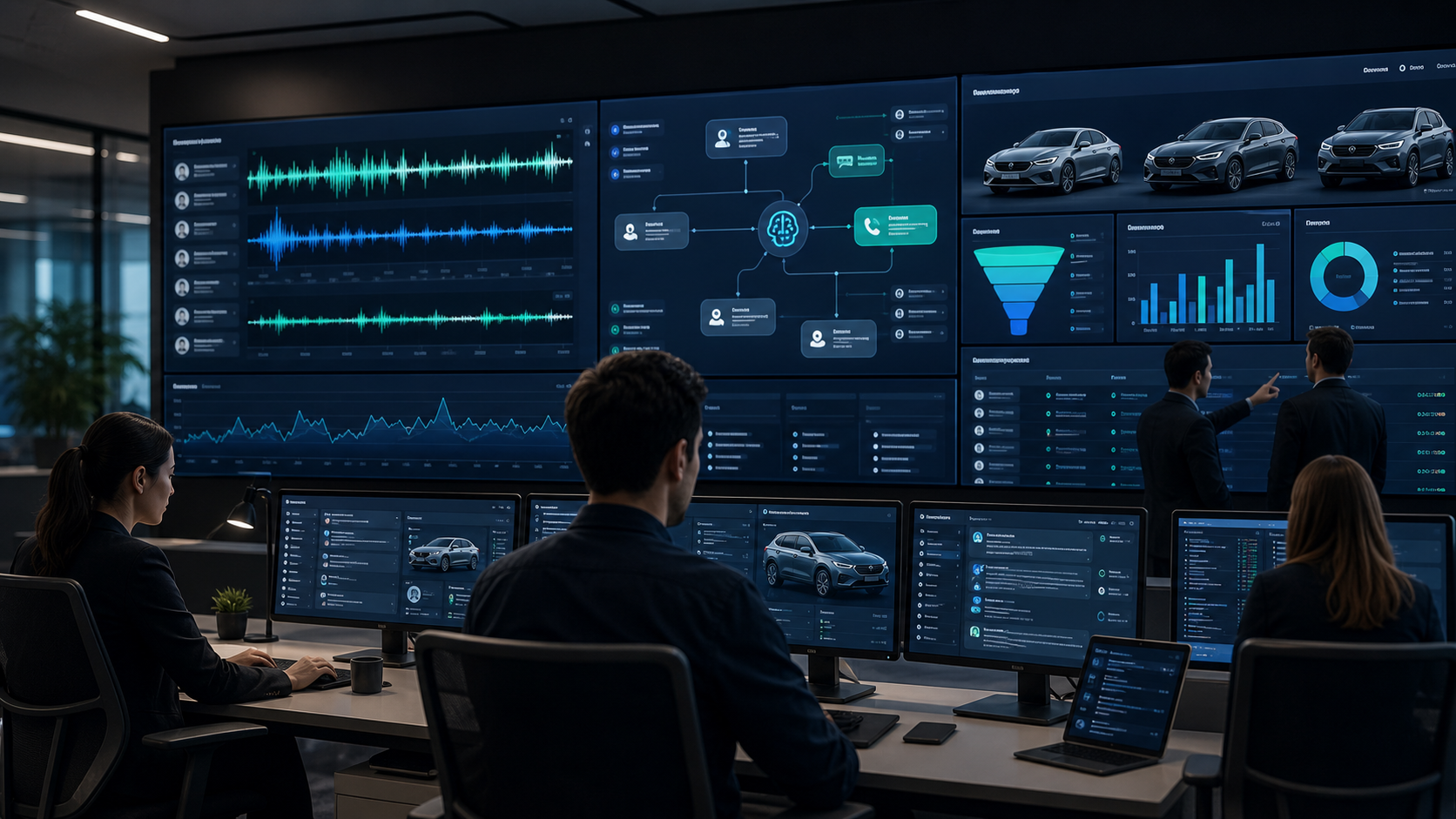 Operations team monitoring AI conversation waveforms, automotive marketplace dashboards, lead funnel charts, and inspection workflows across a large control-room display