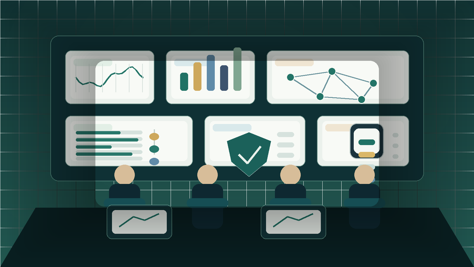 Payments operations team reviewing AI-assisted reconciliation dashboards, transaction flows, compliance panels, and prototype checkout simulations in a green and teal control room