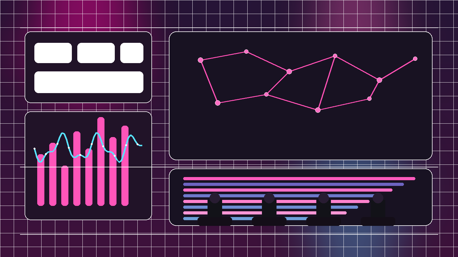 Telecom operations leaders reviewing magenta AI dashboards, network maps, customer service panels, and live translation call overlays in a modern command center