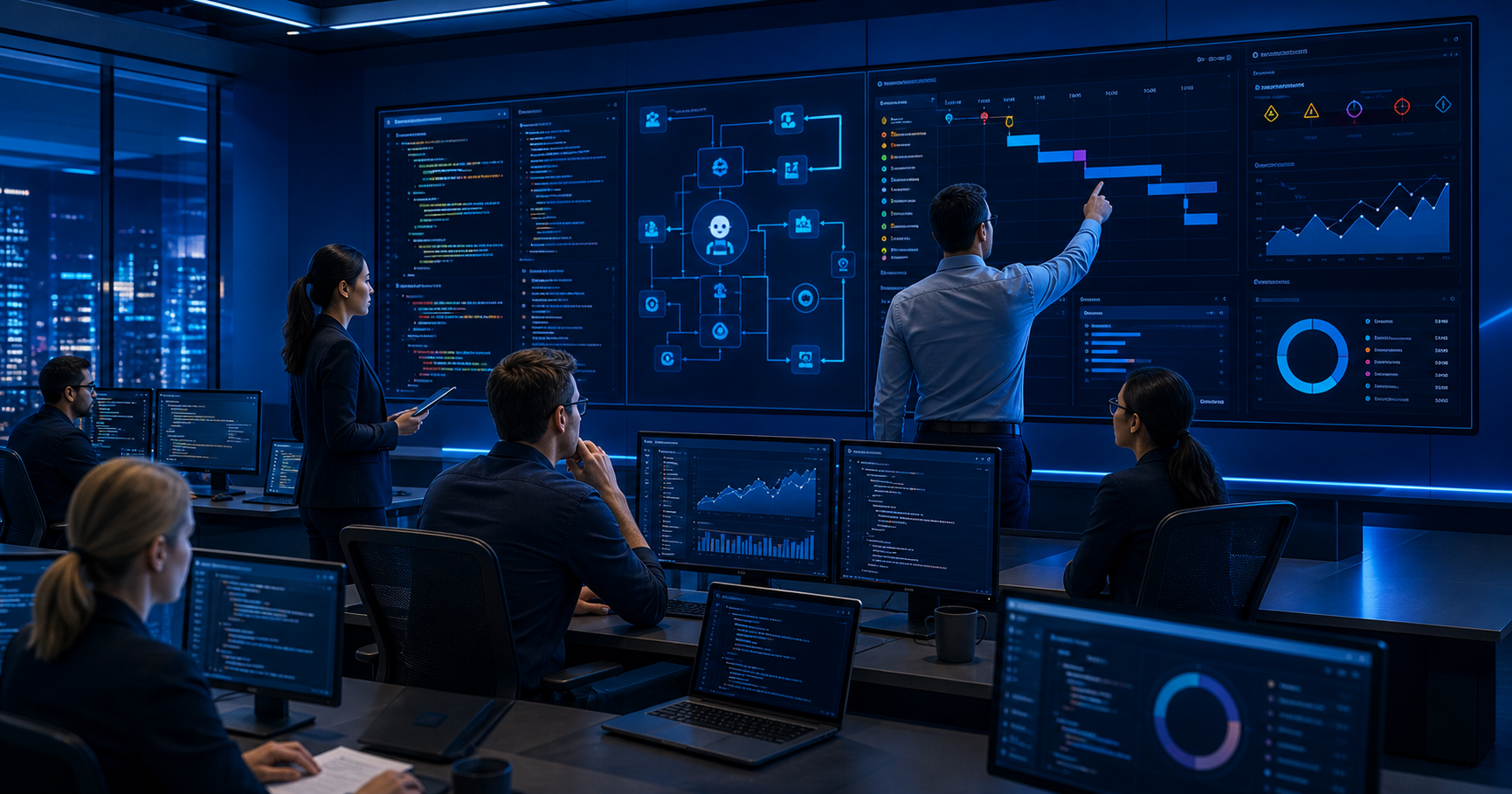 Enterprise operations and engineering teams reviewing AI coding agent workflows, incident timelines, system analytics, and automation dashboards in a blue control room