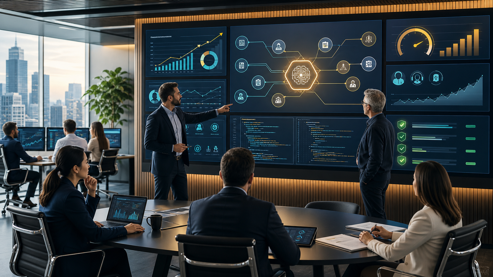 Insurance brokerage leaders and engineers reviewing AI workflow maps, troubleshooting dashboards, governance checklists, and productivity charts in a modern strategy room