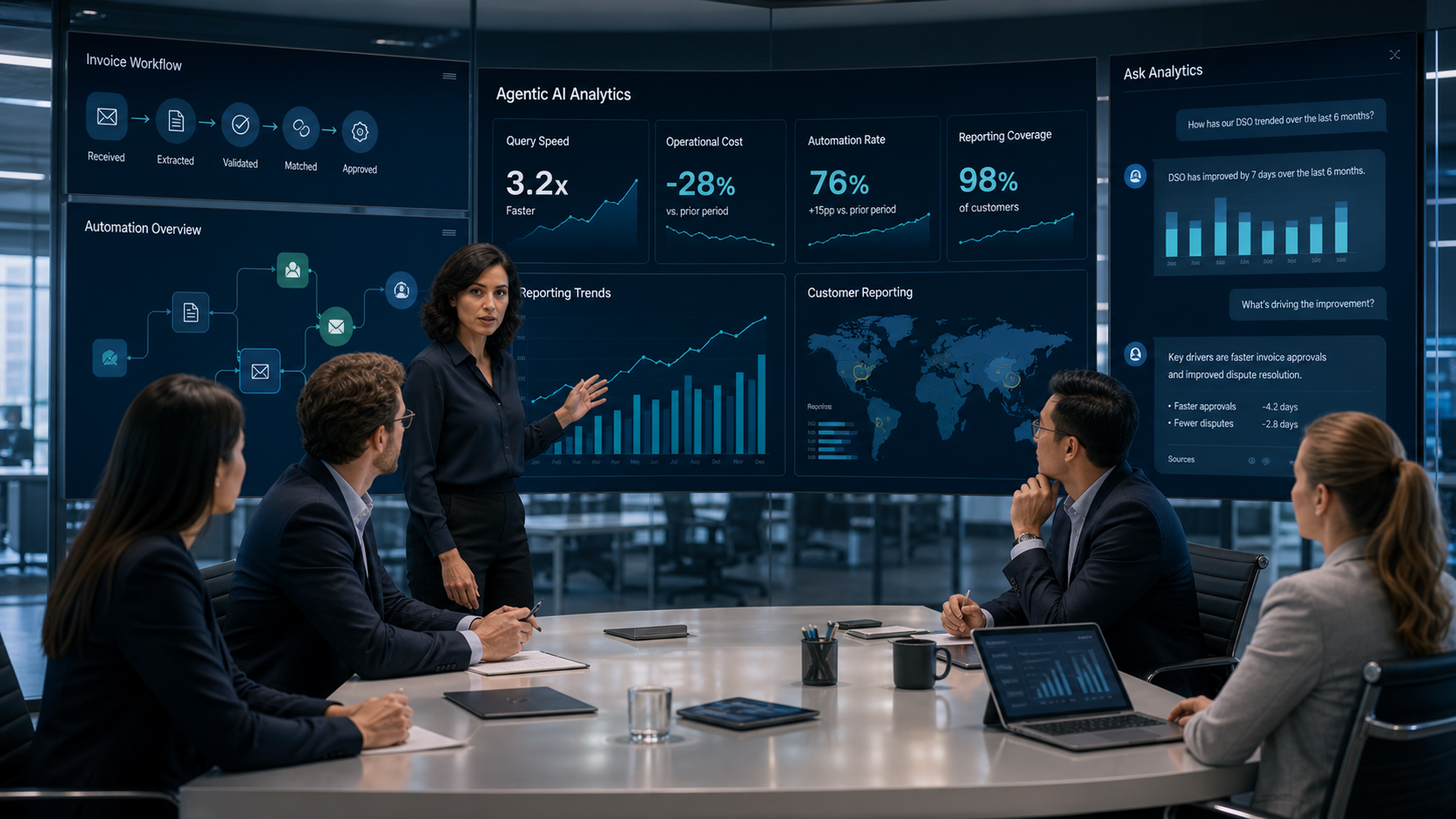 Finance and product leaders reviewing AI-powered accounts payable analytics dashboards, workflow automation maps, customer reporting metrics, and query performance charts in a modern boardroom